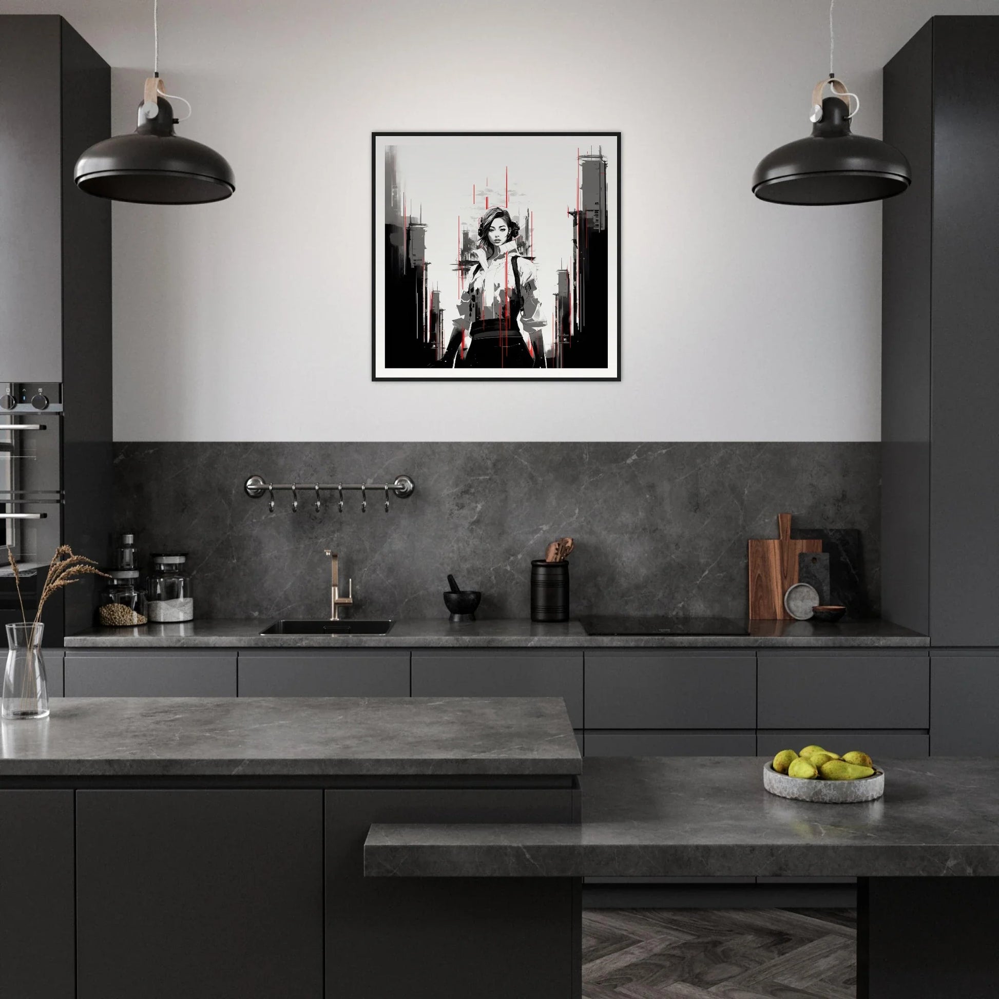 Modern dark gray kitchen featuring Mono City Electric with industrial pendant lights