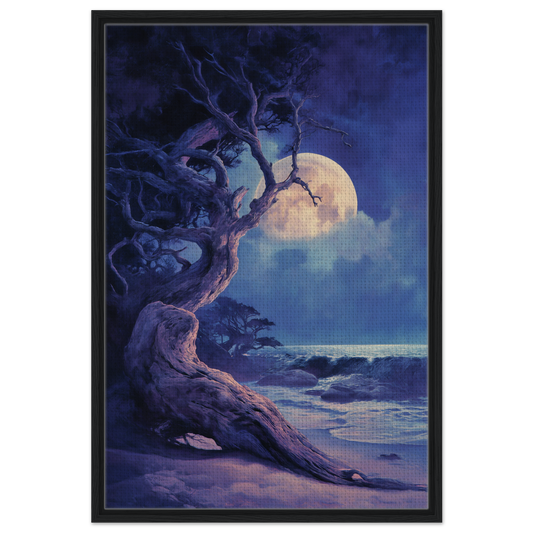 Gnarled tree silhouette against a moonlit ocean in Moondance Tree Whisperings room decor