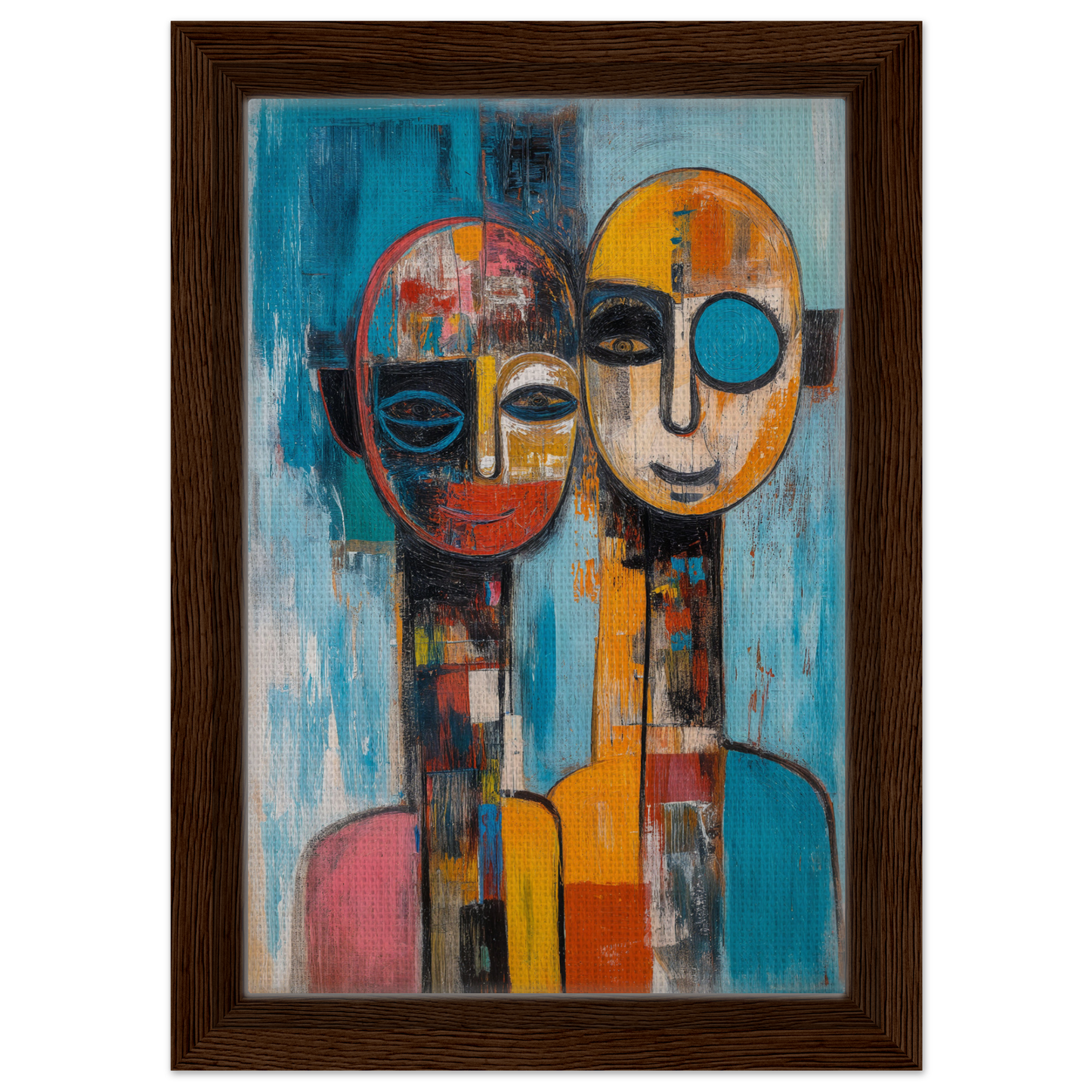 Abstract painting of two faces in vibrant colors, ideal for Mosaic Mindscape Ballet room decor