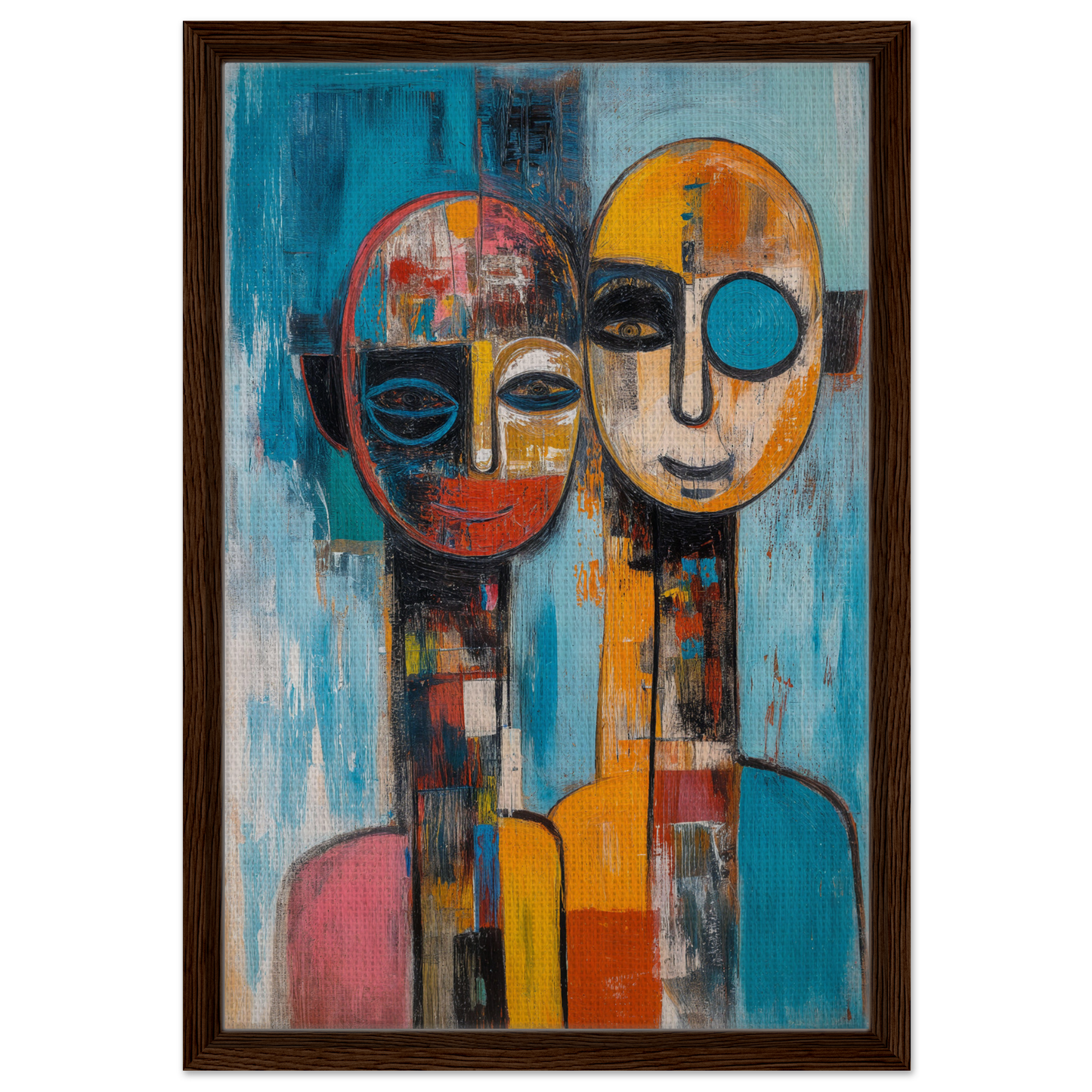 Abstract painting of two stylized faces in vibrant colors for Mosaic Mindscape Ballet room decor