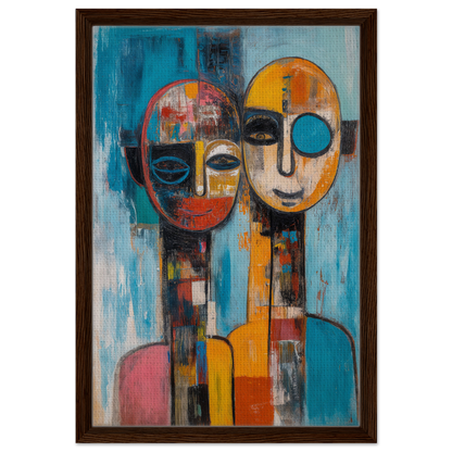 Abstract painting of two stylized faces in vibrant colors for Mosaic Mindscape Ballet room decor