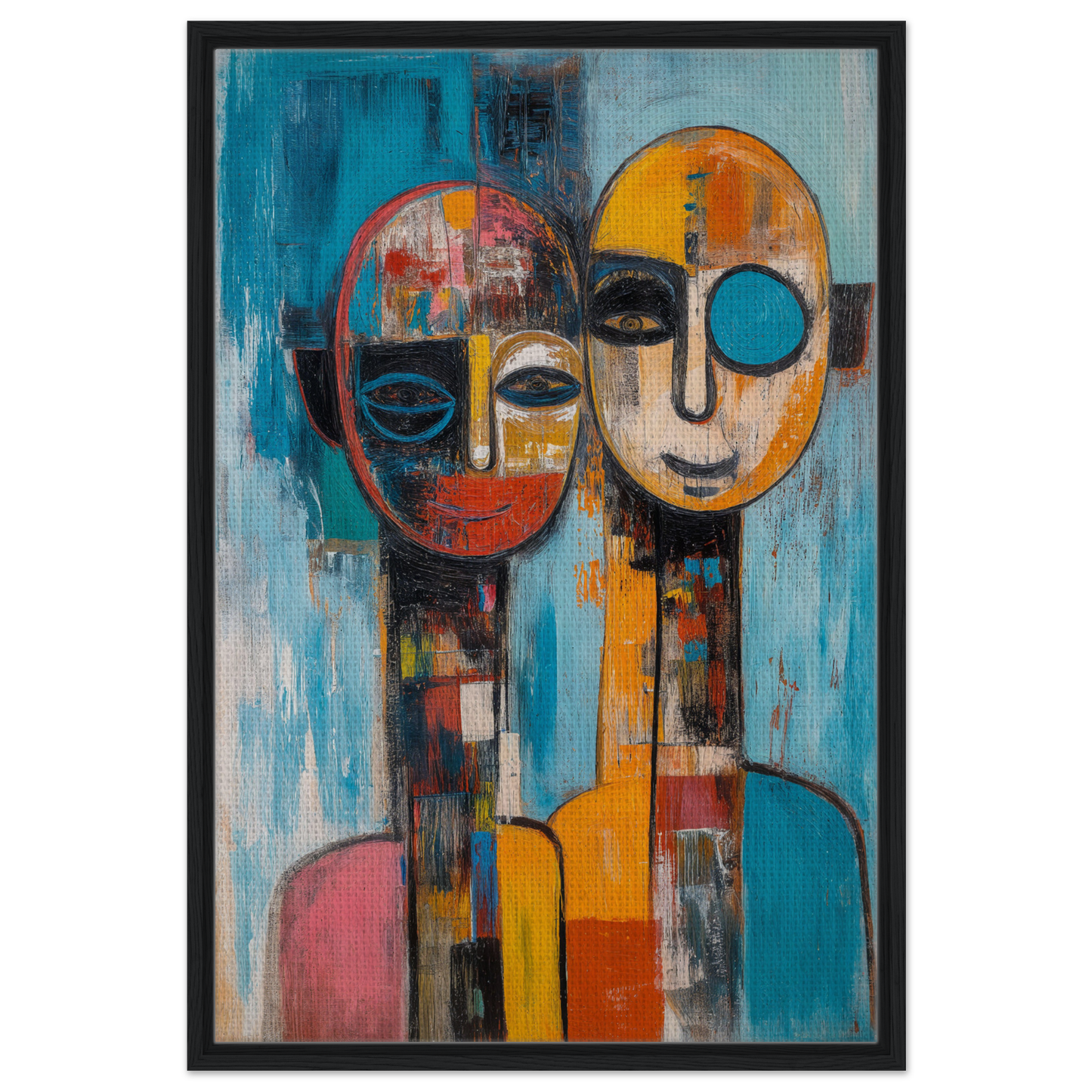 Abstract painting of two faces with geometric shapes in vibrant colors, Mosaic Mindscape Ballet