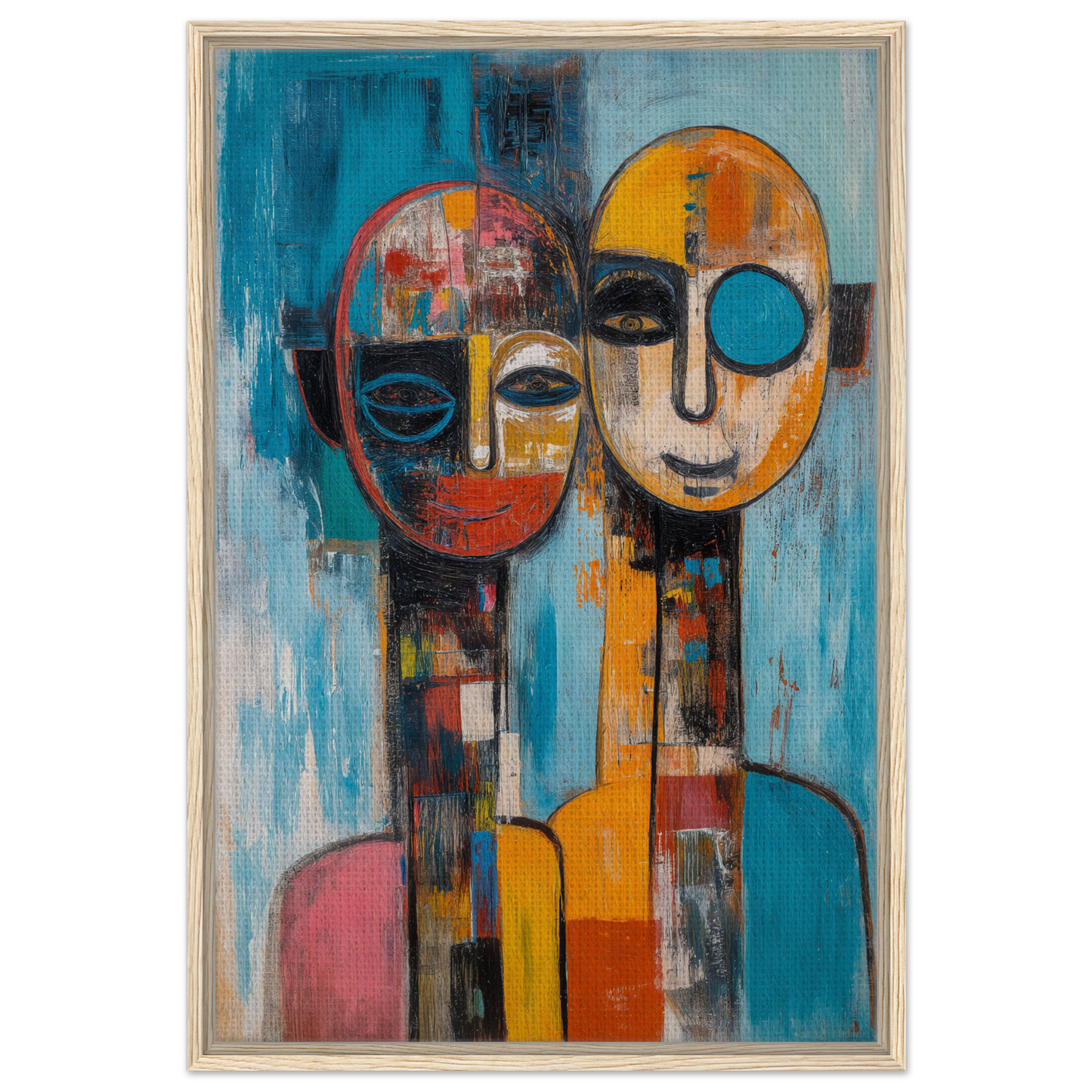 Abstract painting of two faces in vibrant colors, featured in Mosaic Mindscape Ballet framed canvas print