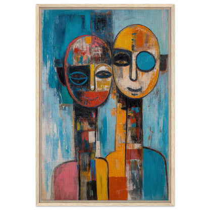 Abstract painting of two faces in vibrant colors, featured in Mosaic Mindscape Ballet framed canvas print