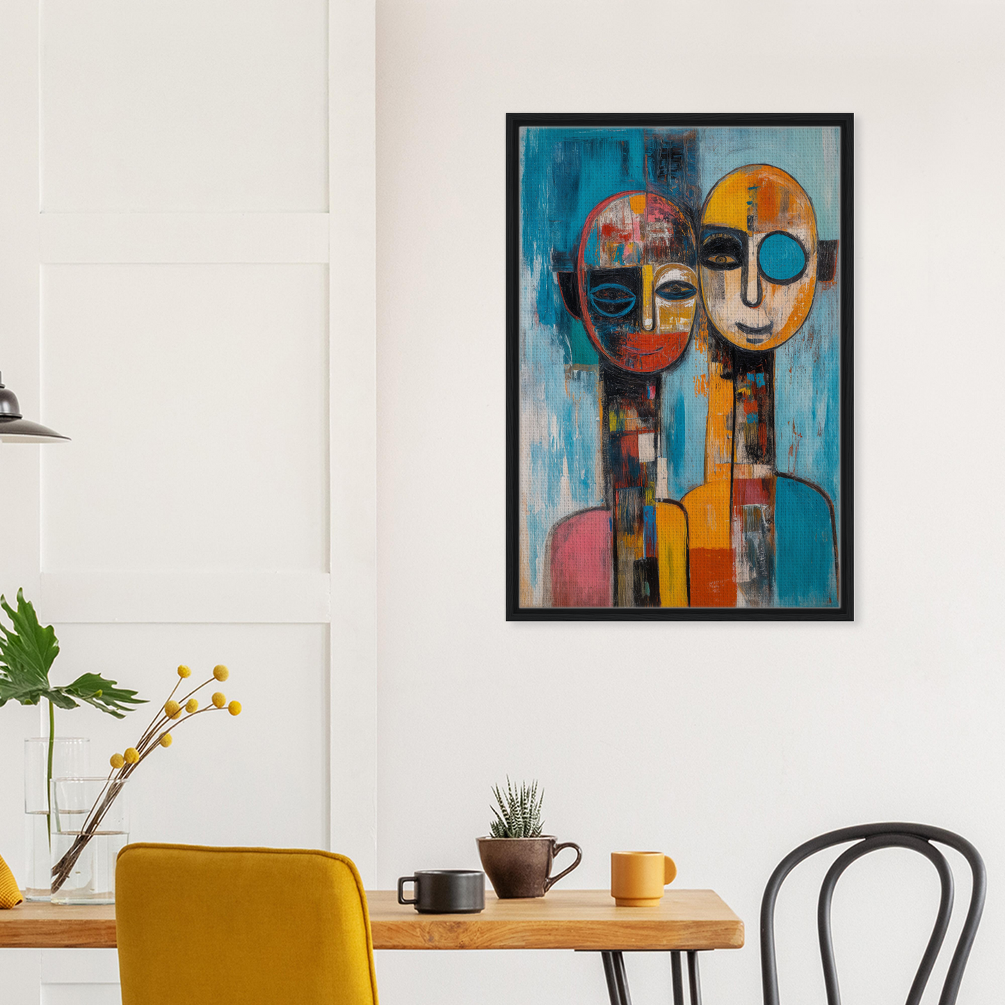 Abstract painting of stylized faces in vibrant colors for Mosaic Mindscape Ballet room decor