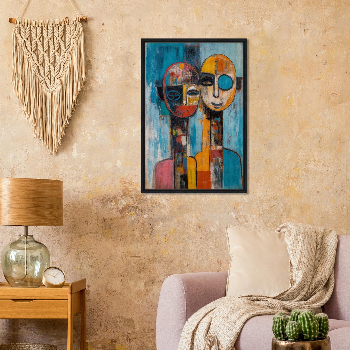 Abstract painting of two stylized faces in vibrant colors for Mosaic Mindscape Ballet room decor