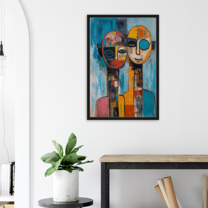 Abstract painting of two figures with geometric faces, ideal for Mosaic Mindscape Ballet room decor