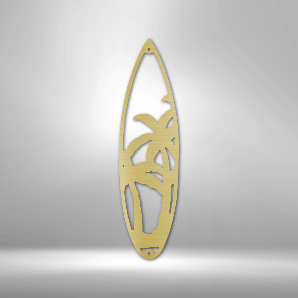 Surfboard-shaped ornament with a palm tree silhouette cut out of its center.