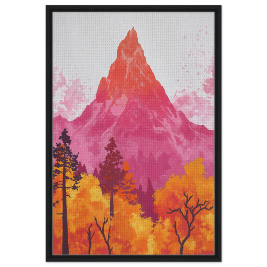 Colorful painting of a mountain peak amid autumn trees, framed canvas print from Mountain’s Vibrant Symphony