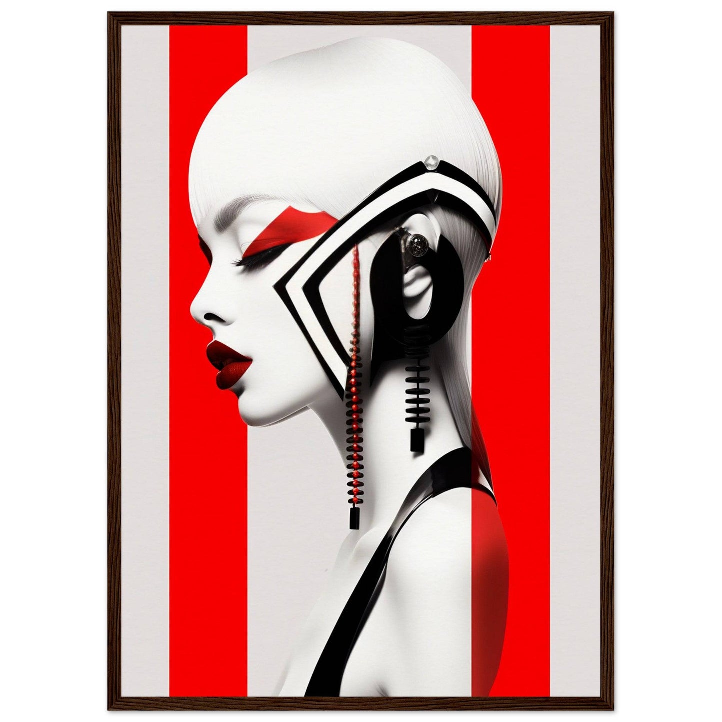 Stylized profile portrait of a woman with dramatic black and white makeup against a red and white background.