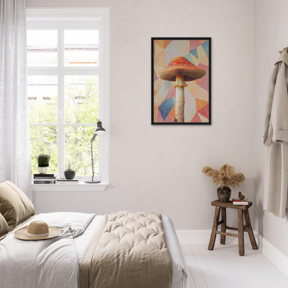 Bedroom featuring a white color scheme and minimalist decor with Mushroom Mindscapes framed