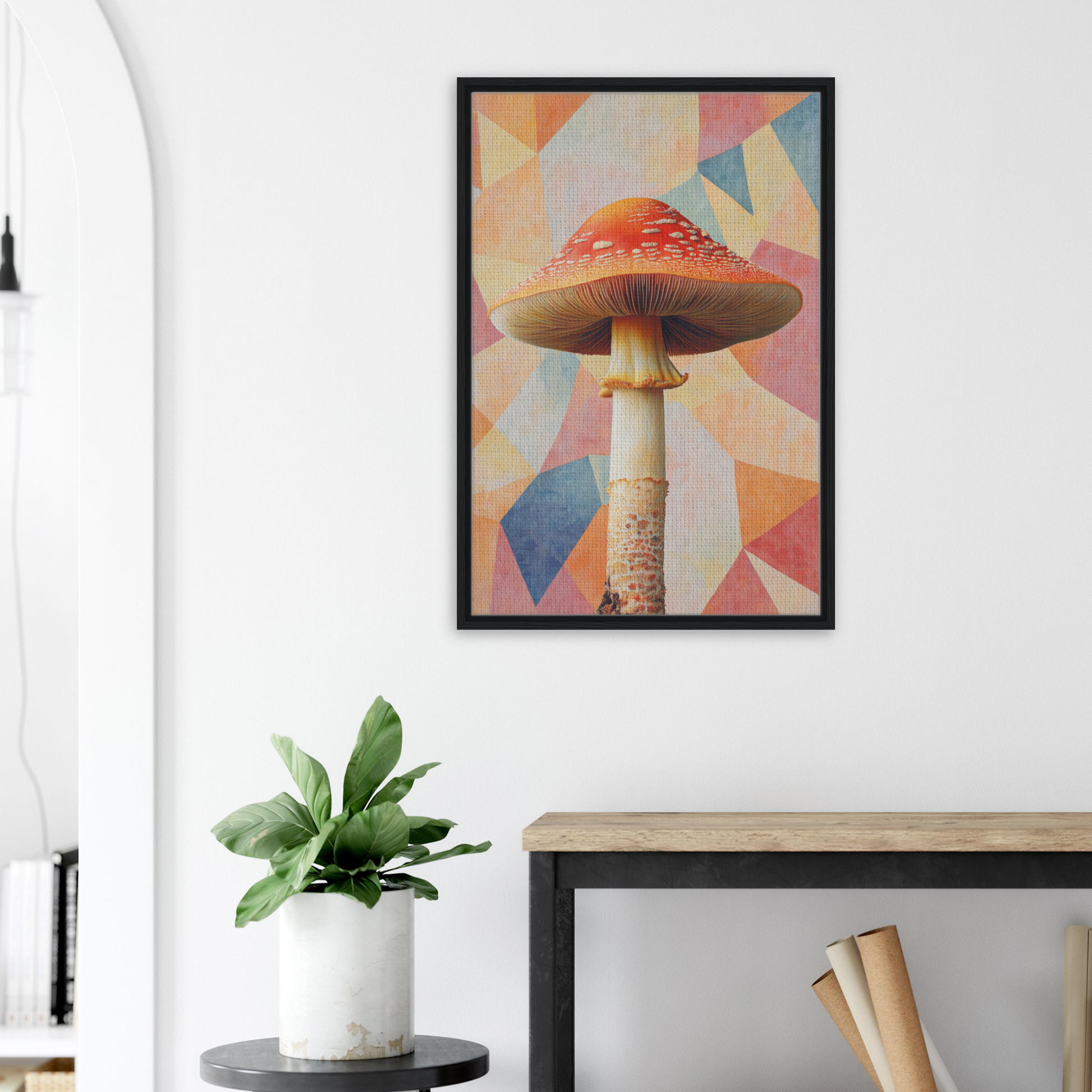 Colorful geometric illustration of a mushroom in a framed canvas print, Mushroom Mindscapes