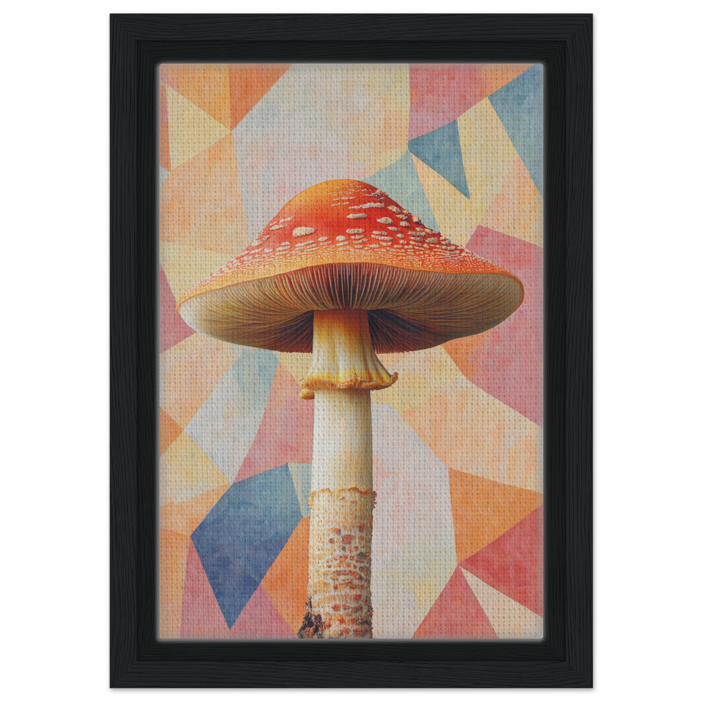 Red-capped mushroom with a flat cap and slender stem in Mushroom Mindscapes framed decor