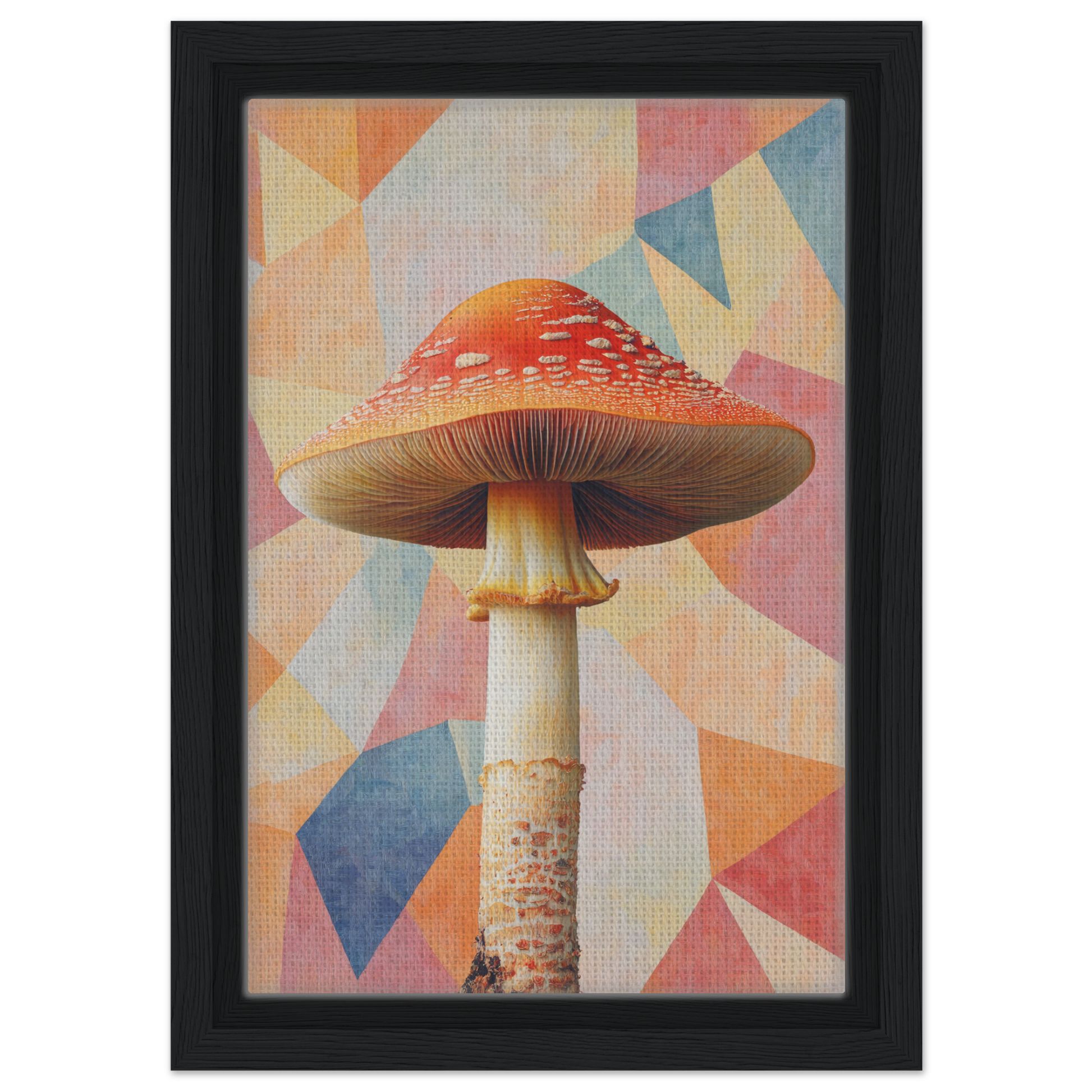 Red-capped mushroom with a flat cap and slender stem in Mushroom Mindscapes framed decor