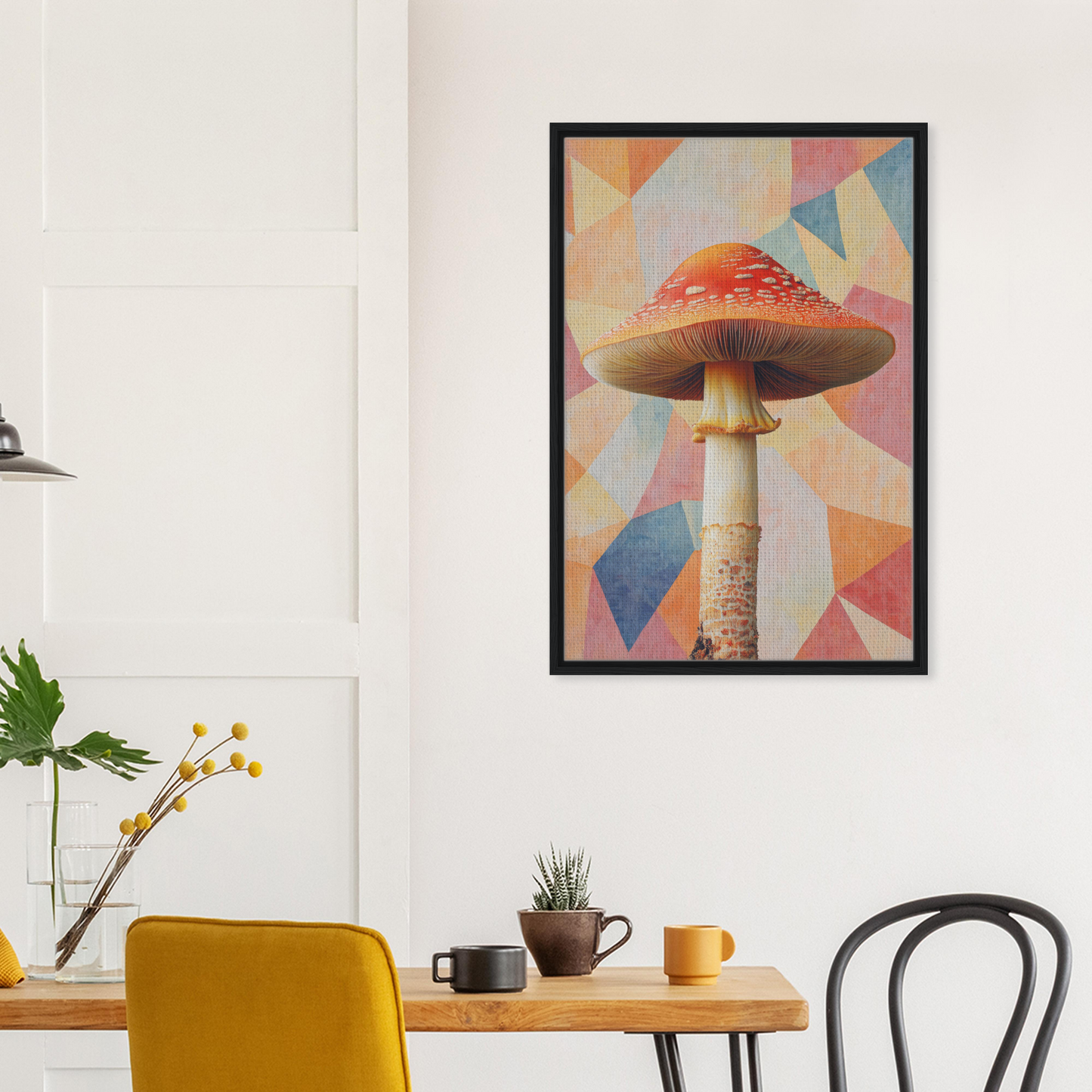 Framed canvas print of Mushroom Mindscapes featuring a colorful mushroom and geometric design