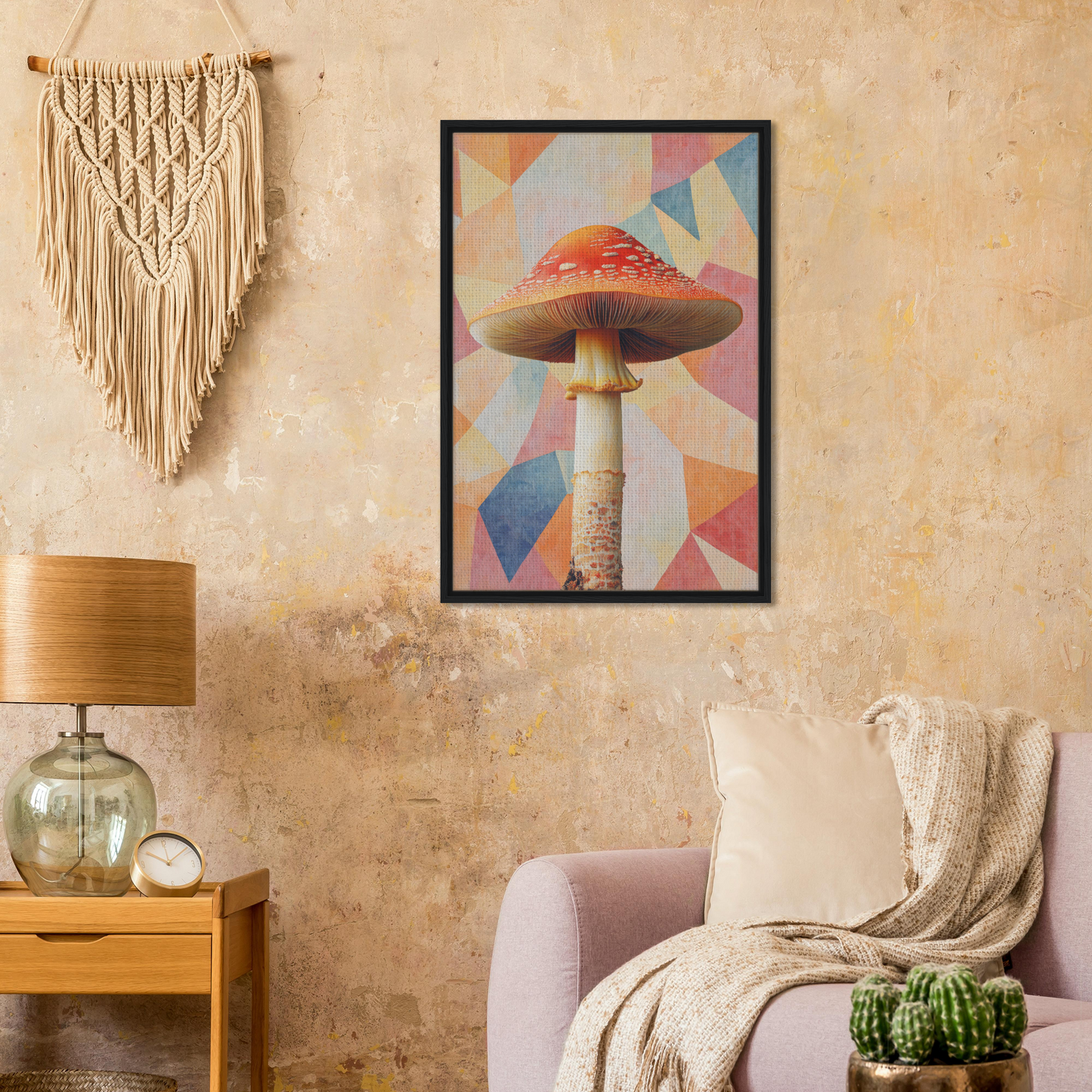 Framed artwork of colorful geometric mushroom in Mushroom Mindscapes design