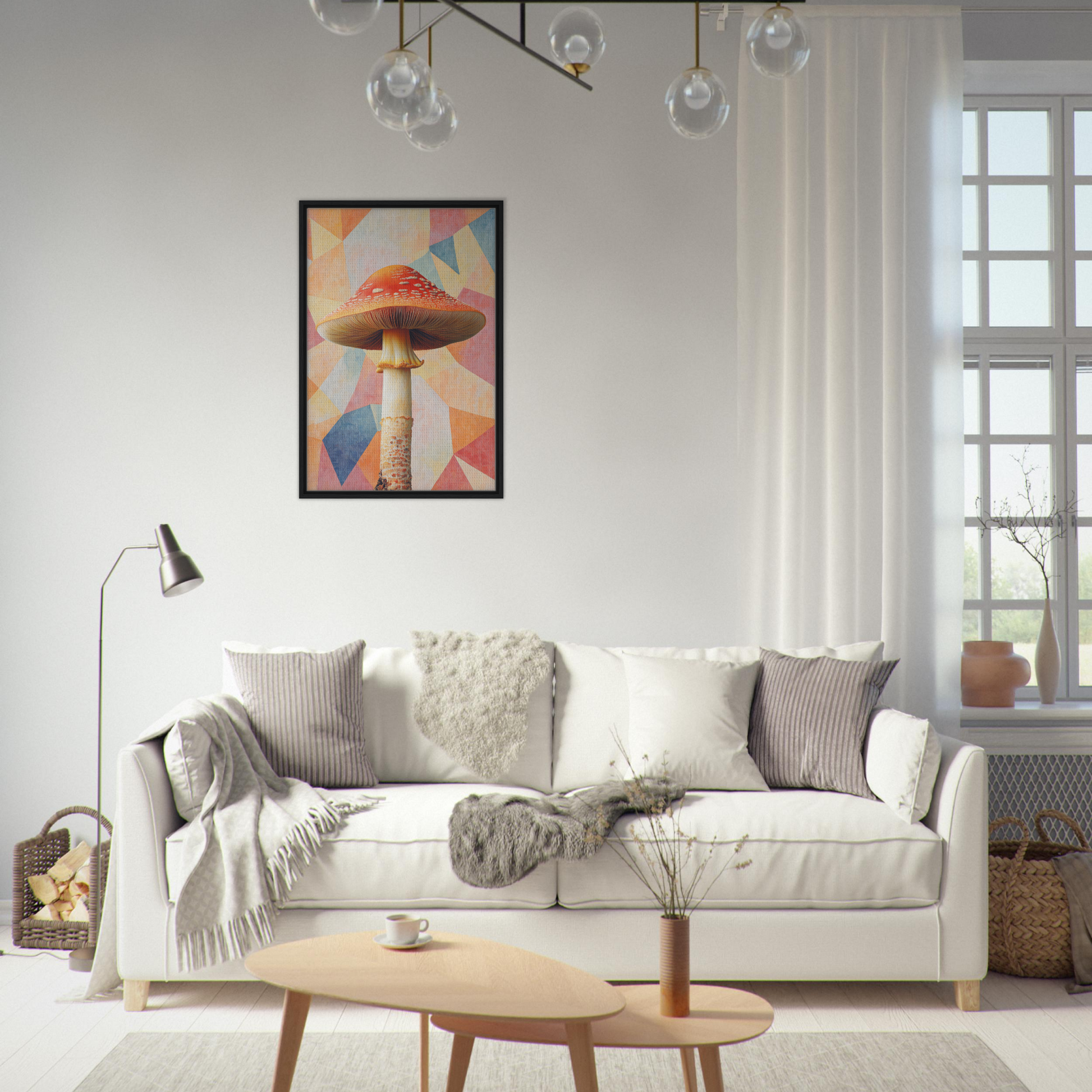 White sofa adorned with pillows and throws beside Mushroom Mindscapes framed canvas print