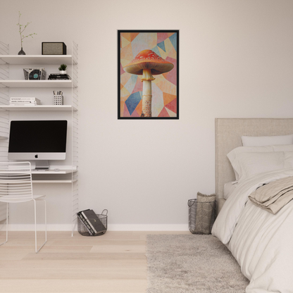 Framed canvas print of colorful Mushroom Mindscapes artwork showcasing stylized mushrooms