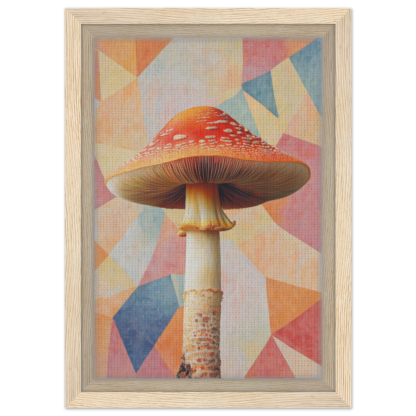 Red-capped mushroom with tall stem on colorful background in Mushroom Mindscapes framed print