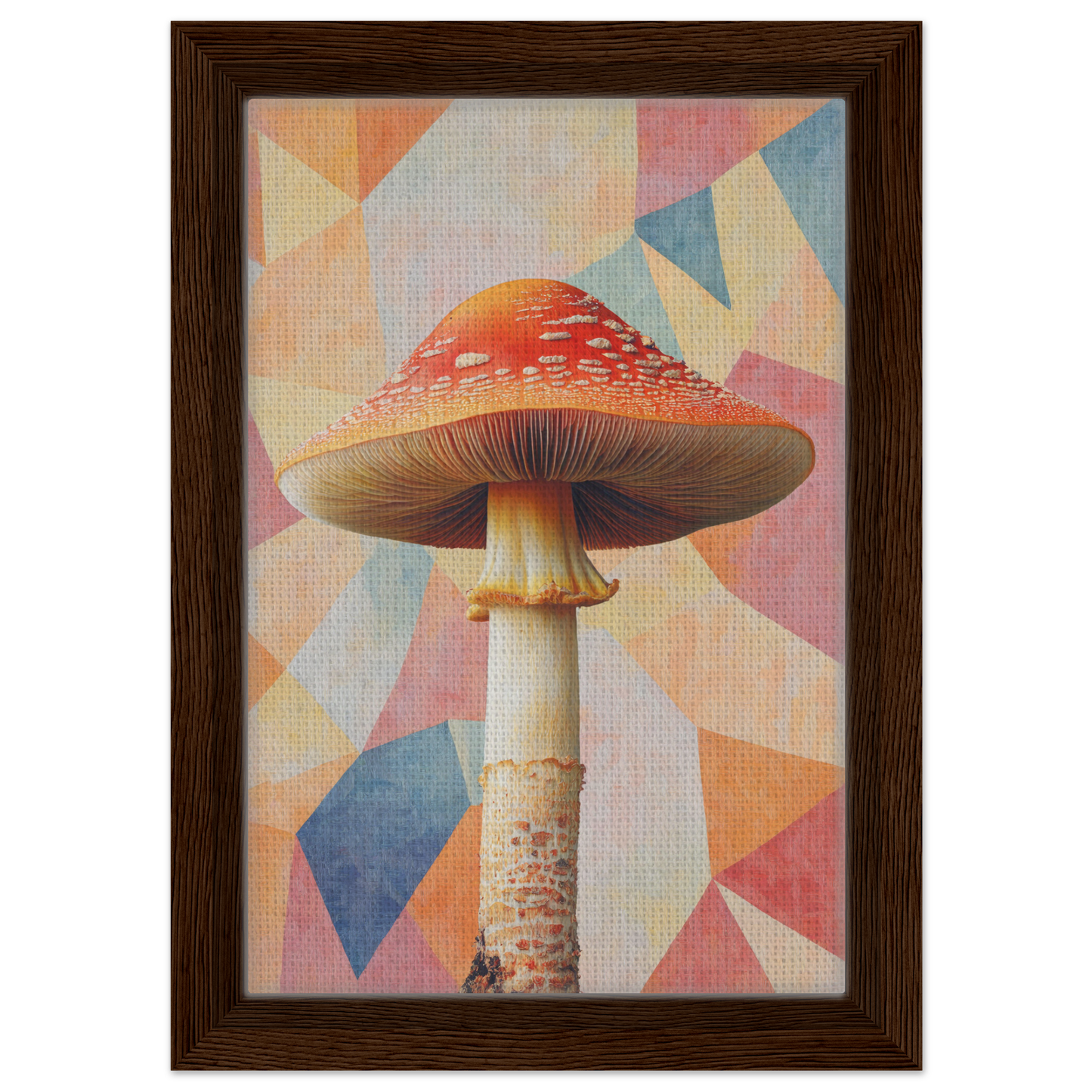 Red-capped mushroom with tall stem on geometric pastel background for Mushroom Mindscapes