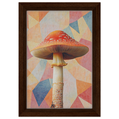 Red-capped mushroom with tall stem on geometric pastel background for Mushroom Mindscapes