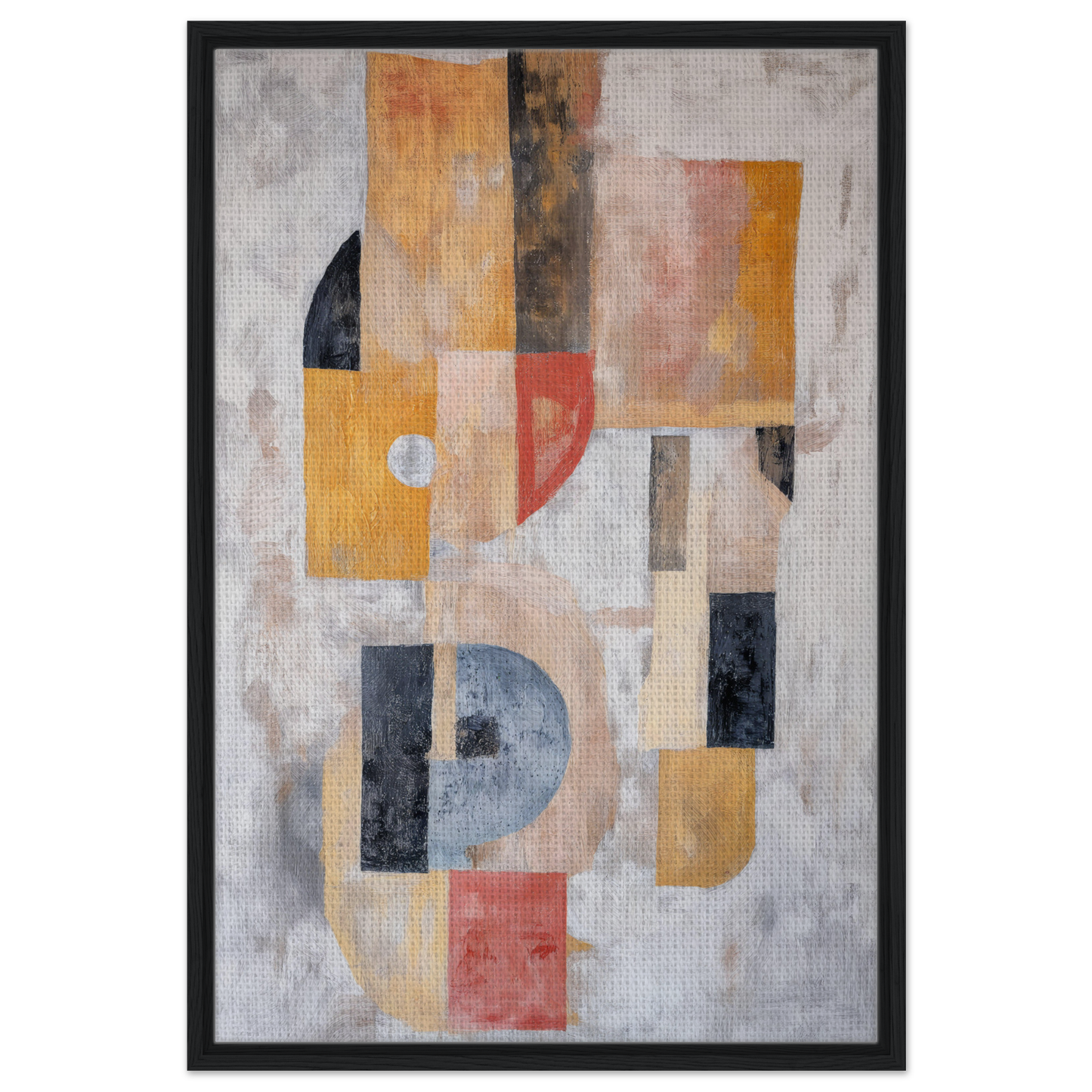 Abstract painting of muted earth tones and pastels in Mustard Geometry Dance for room decor