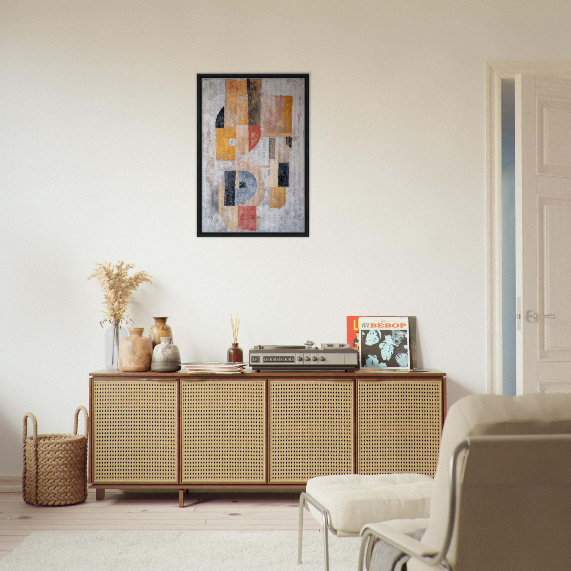 Wooden sideboard with cane-webbed doors and decor, perfect for Mustard Geometry Dance room decor