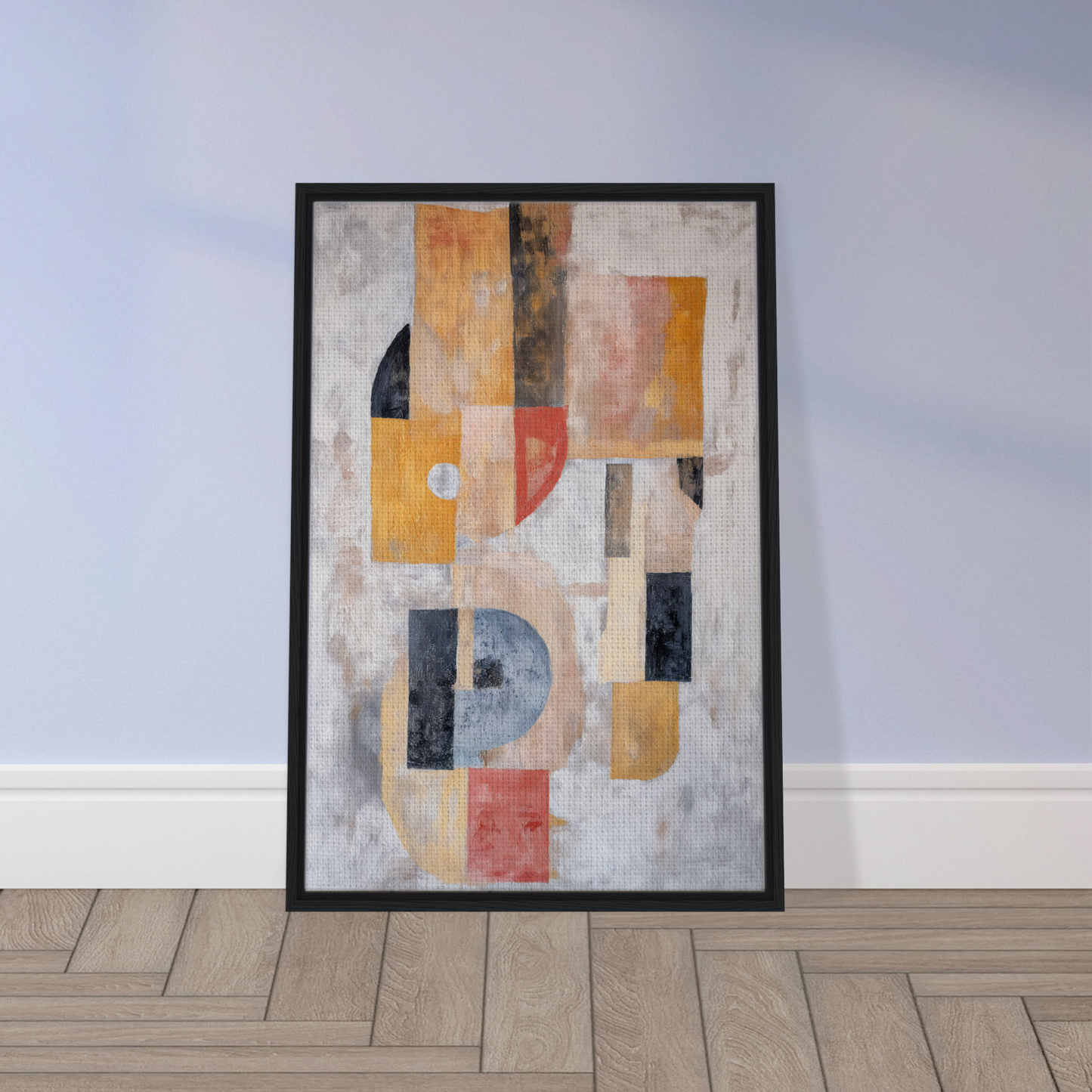 Abstract painting of muted earth tones in geometric shapes, enhancing Mustard Geometry Dance room decor