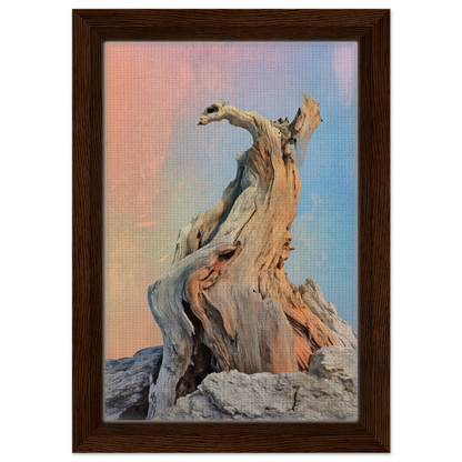 Twisted driftwood against a pastel sky in Mystic Driftwood Dream framed canvas print