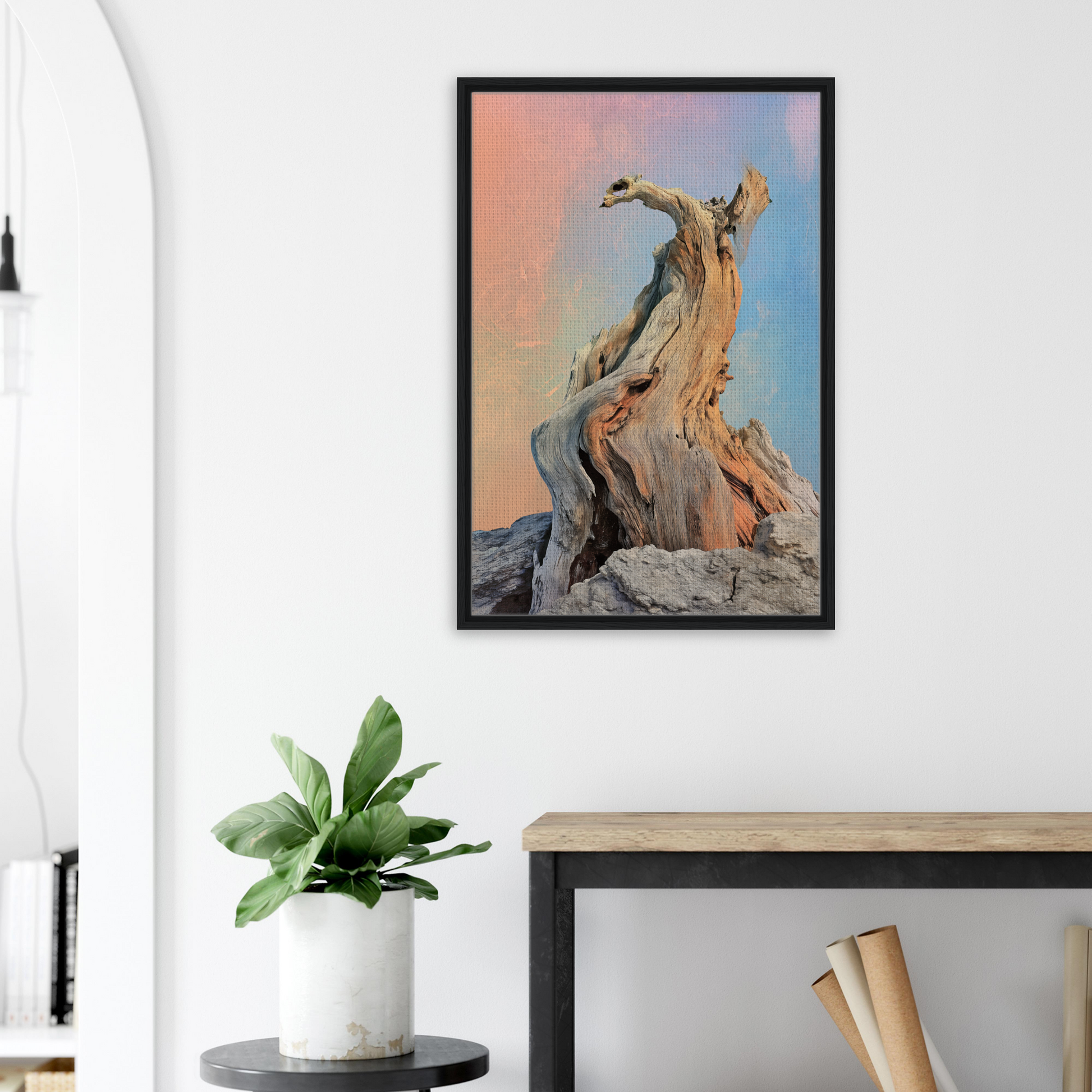 Framed photograph of a gnarled tree trunk, part of the Mystic Driftwood Dream room decor