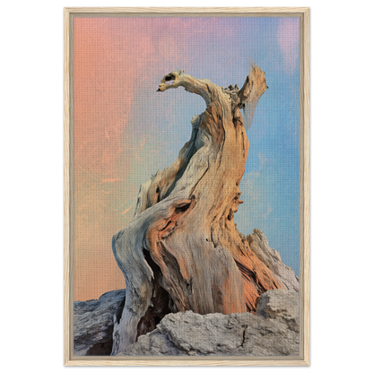 Twisted driftwood sculpture enhances Mystic Driftwood Dream framed canvas print