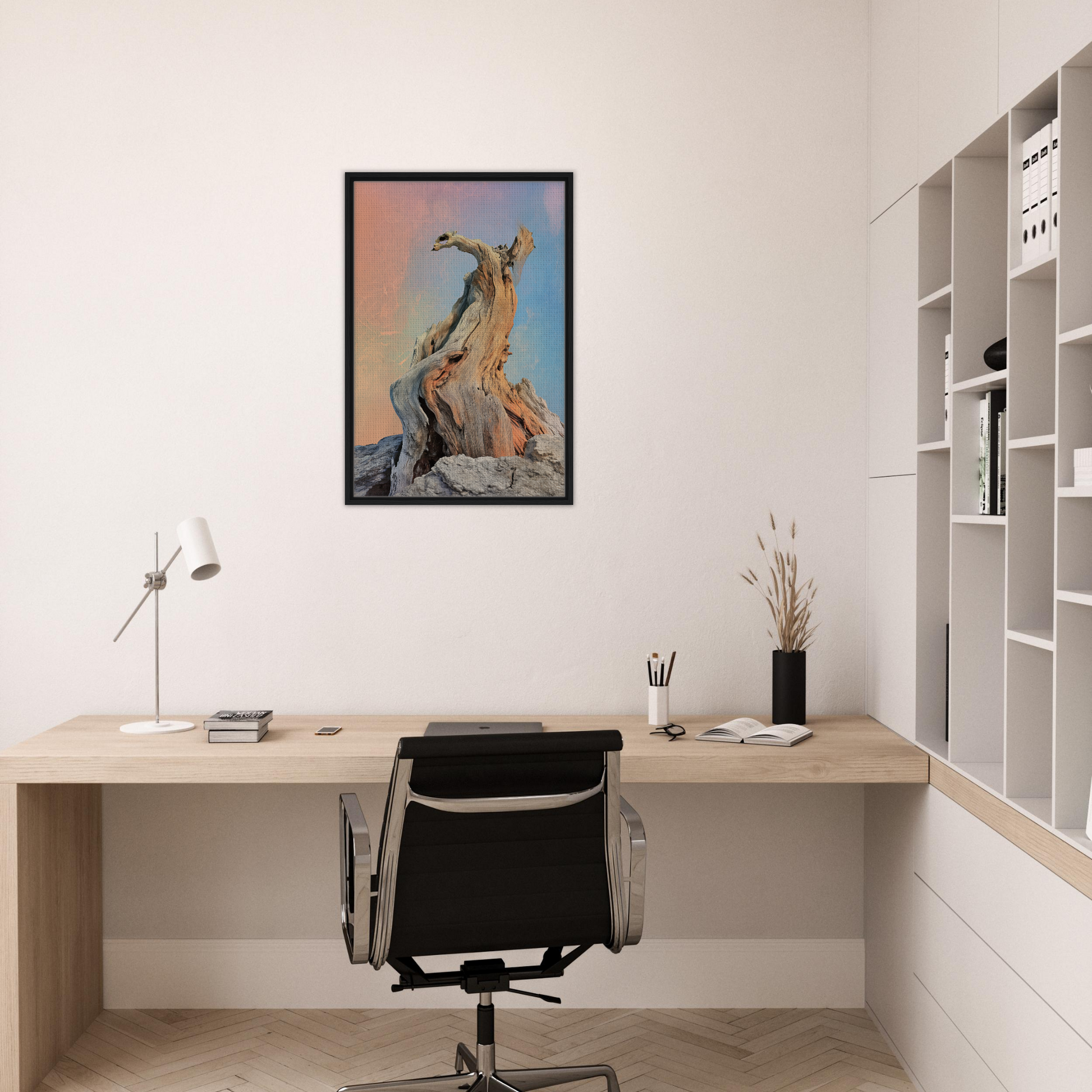 Framed artwork of a giraffe against a colorful sky for Mystic Driftwood Dream room decor