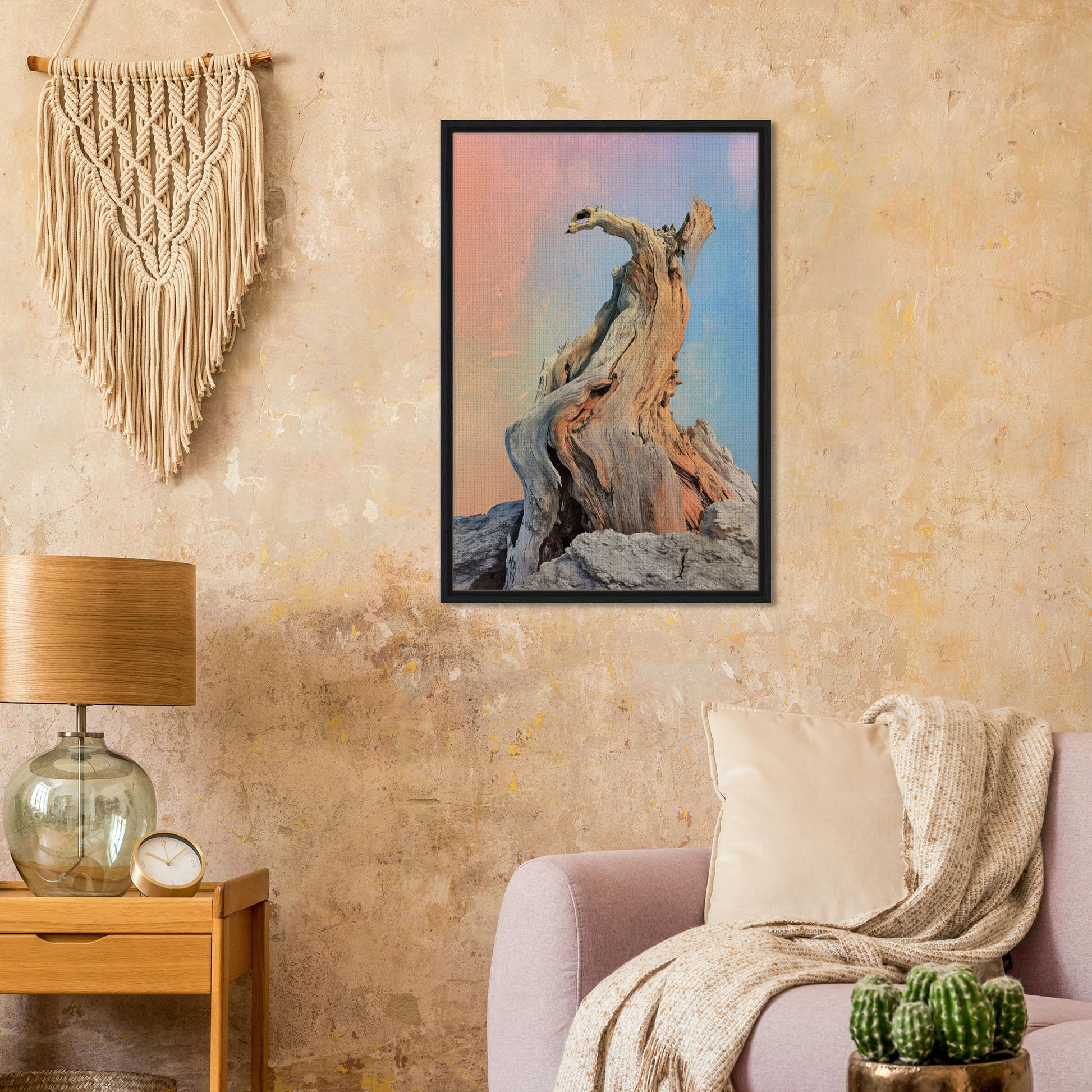 Framed photograph of a gnarled tree trunk at sunset for Mystic Driftwood Dream room decor