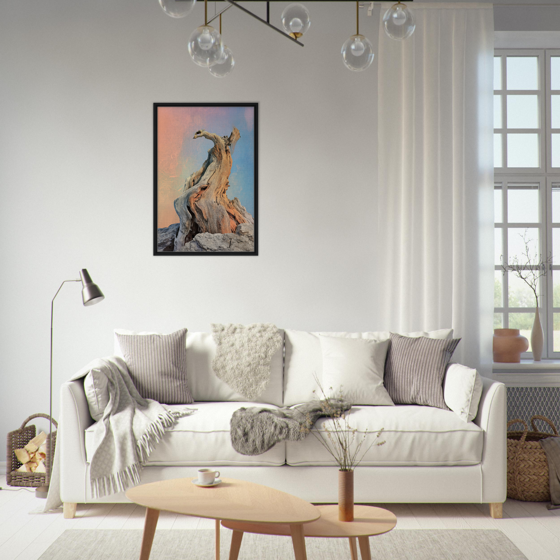 Elegant White Sofa with Pillows and Blankets from Mystic Driftwood Dream Collection