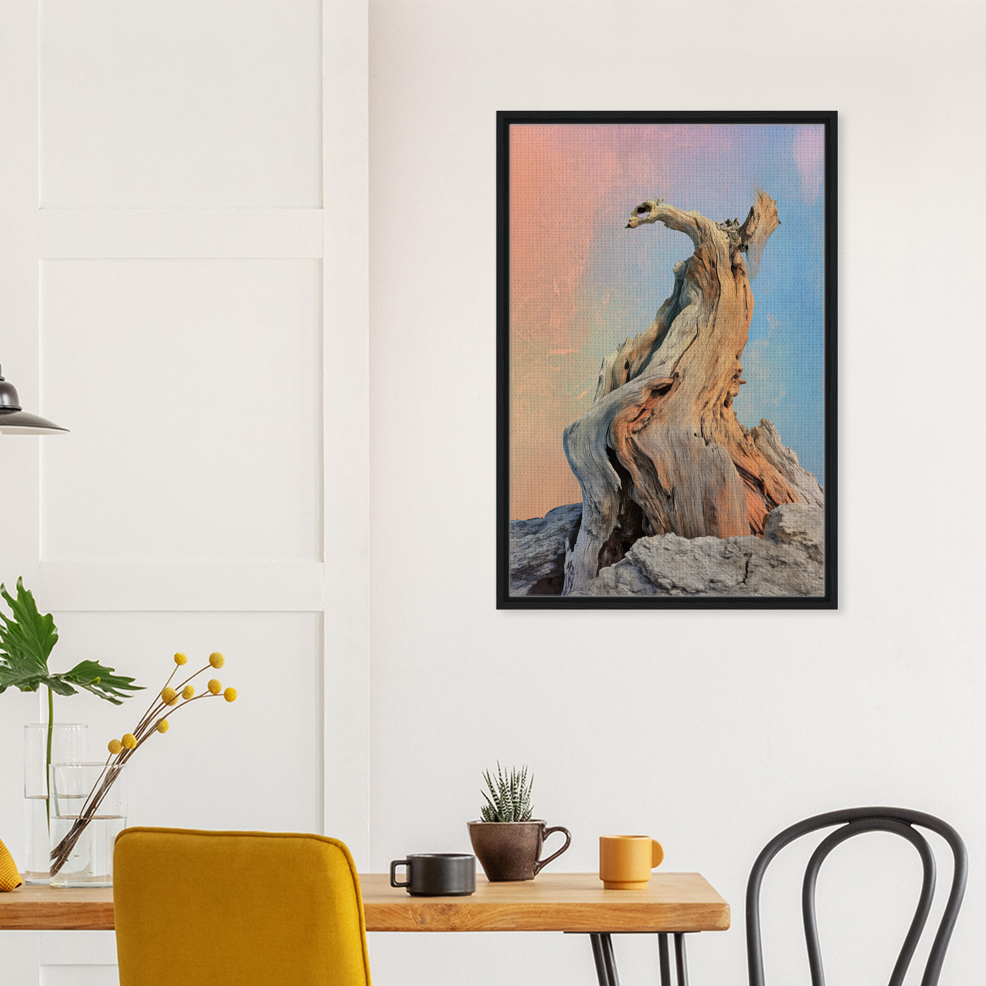 Framed photograph of a weathered tree trunk under a pastel sky, Mystic Driftwood Dream decor
