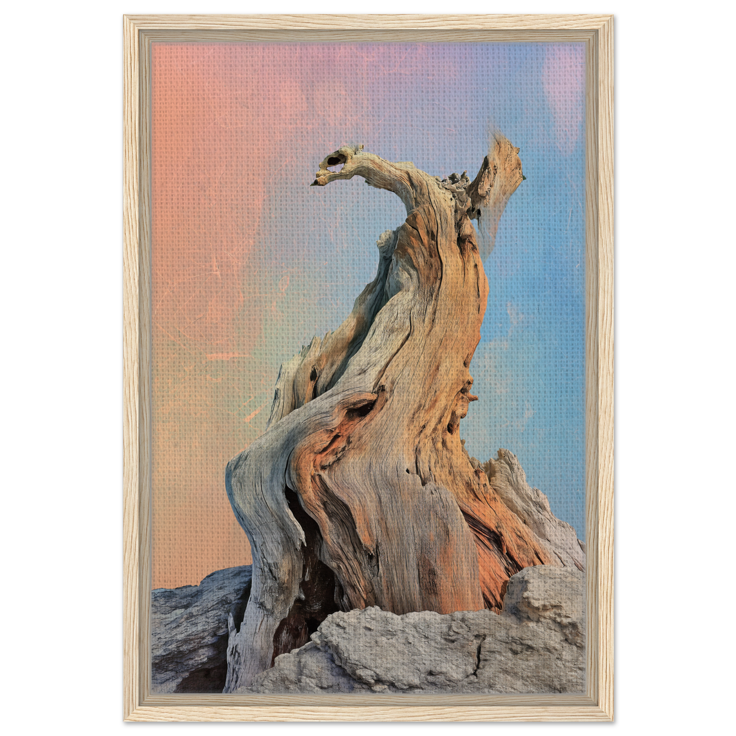 Twisted driftwood with gnarled branches in Mystic Driftwood Dream framed canvas print