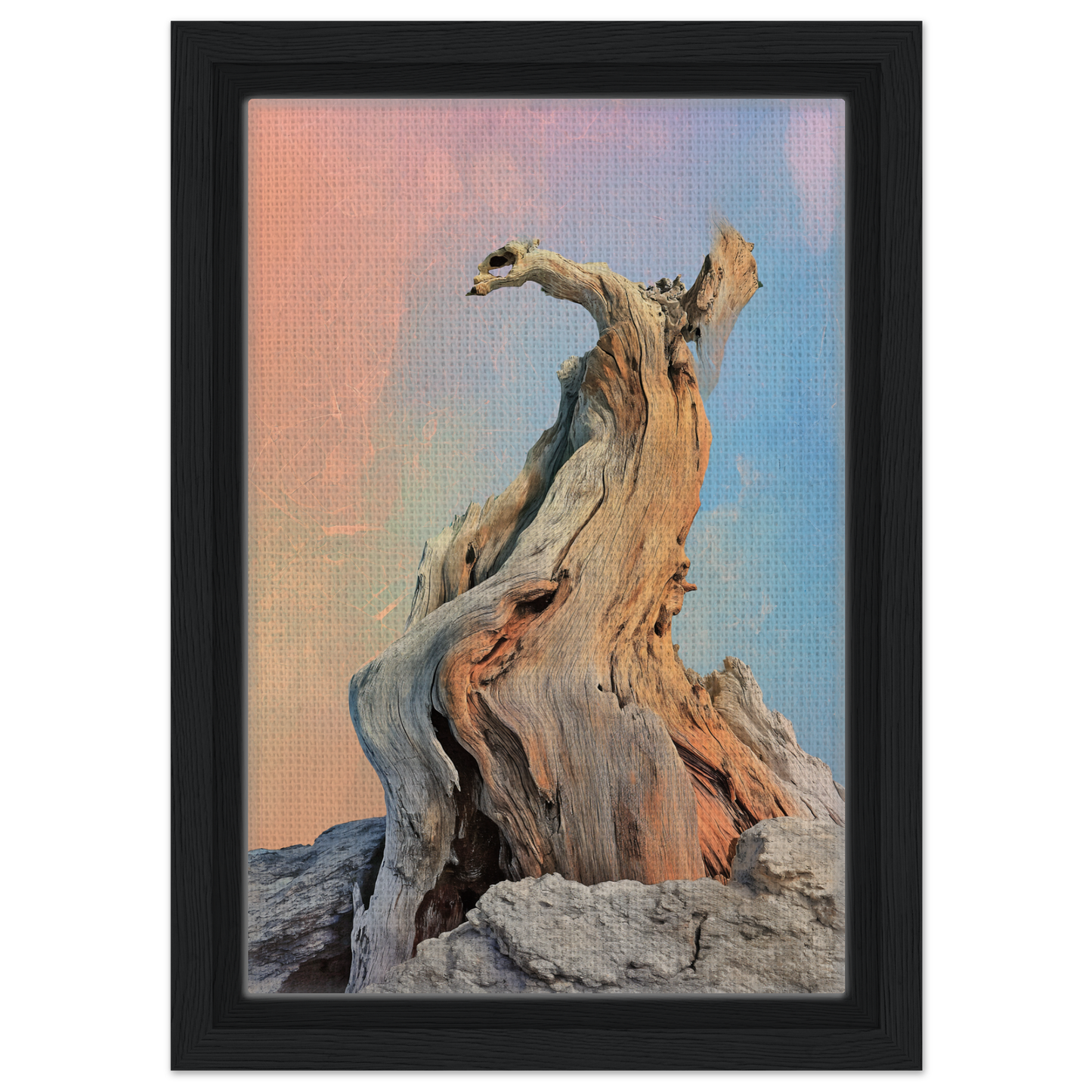 Twisted driftwood piece enhances the Mystic Driftwood Dream room decor against a pastel sky