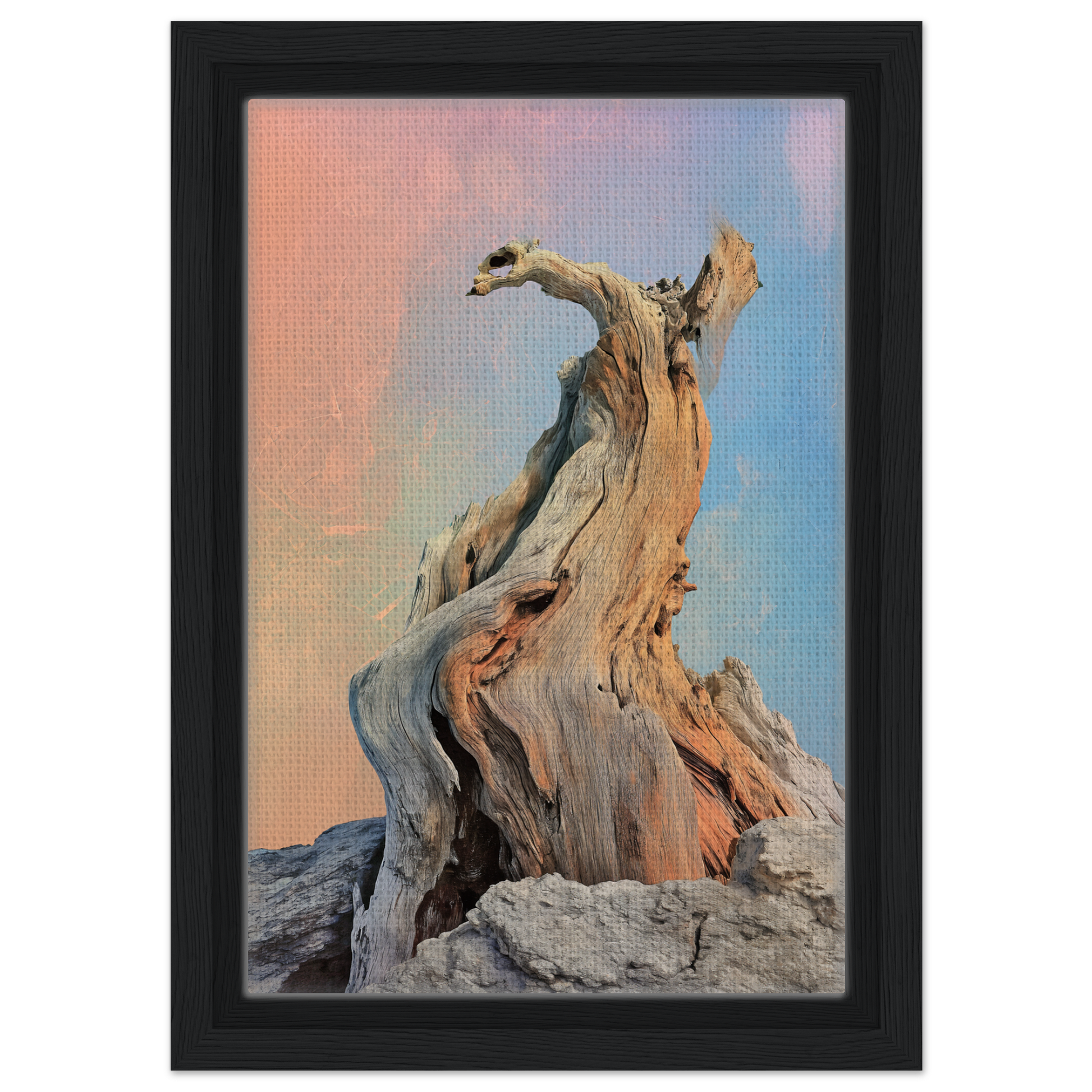 Twisted driftwood piece enhances the Mystic Driftwood Dream room decor against a pastel sky