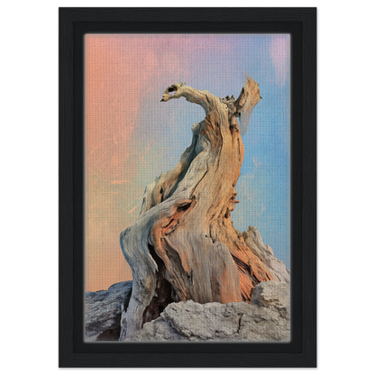 Twisted driftwood piece enhances the Mystic Driftwood Dream room decor against a pastel sky