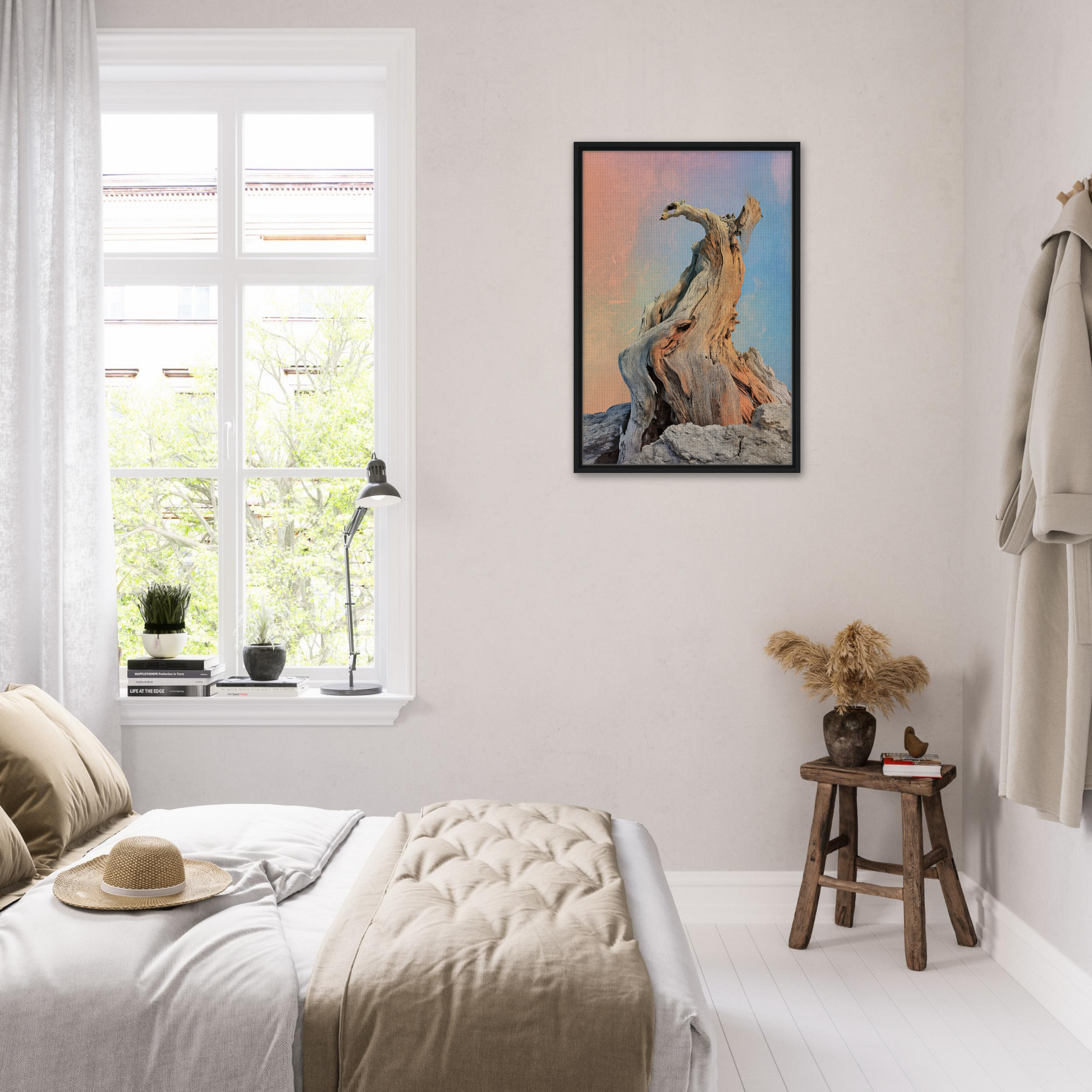 Bright, airy bedroom showcasing Mystic Driftwood Dream room decor and colorful artwork