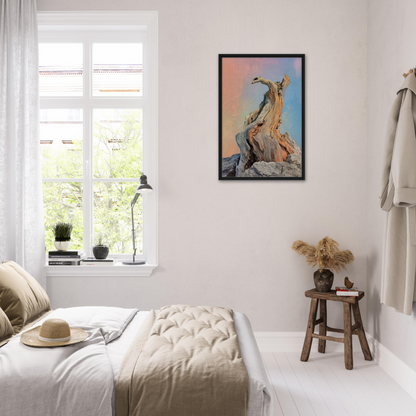 Bright, airy bedroom showcasing Mystic Driftwood Dream room decor and colorful artwork