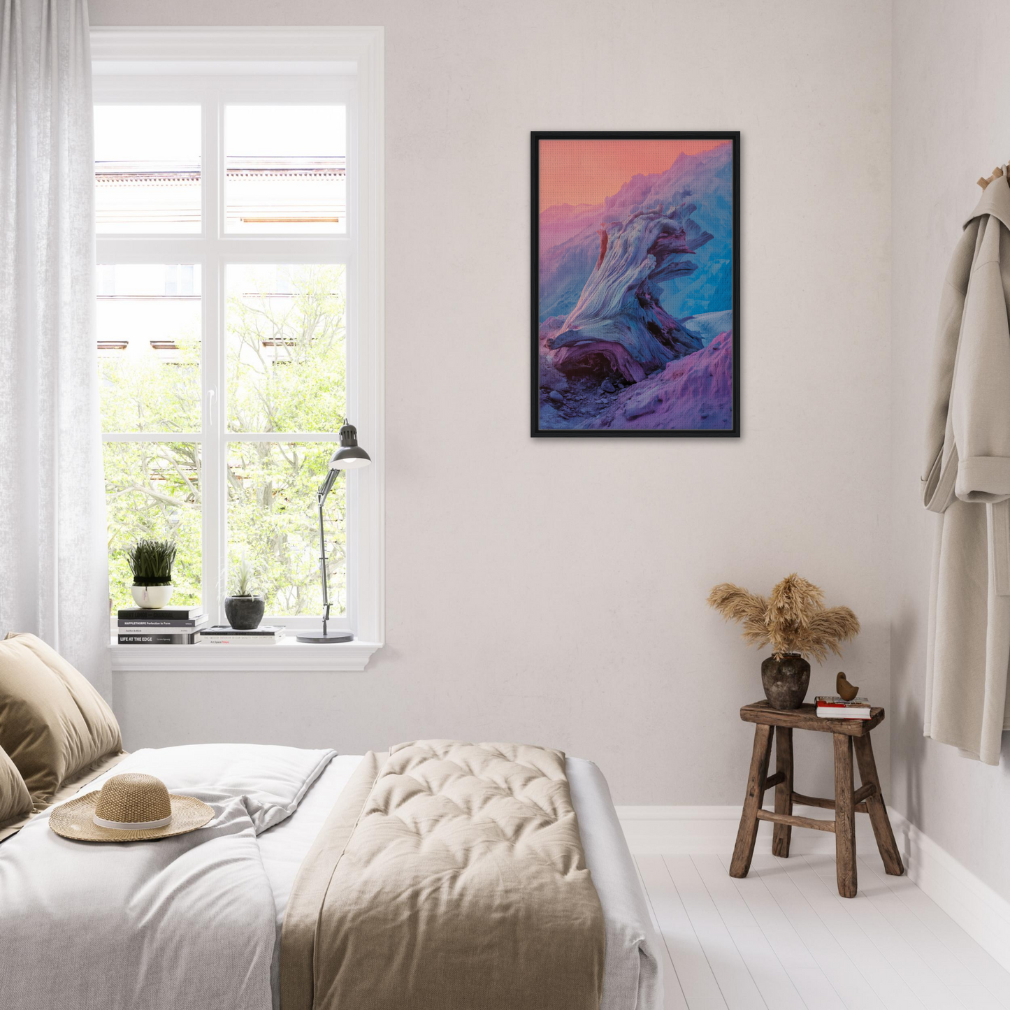 Cozy bedroom featuring Mystic Driftwood Whispers framed canvas print on the wall