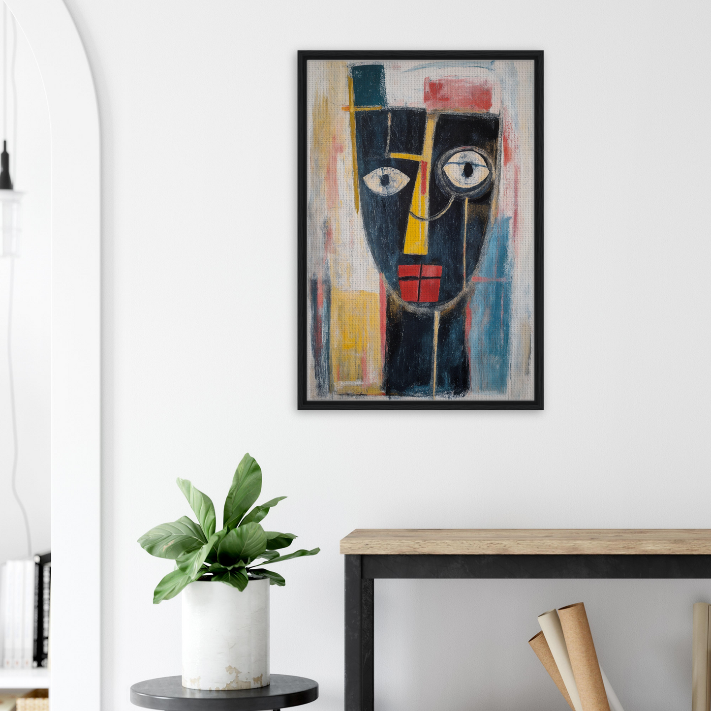 Abstract painting of a stylized face in bold colors, Mystic Fragments Symphony framed decor