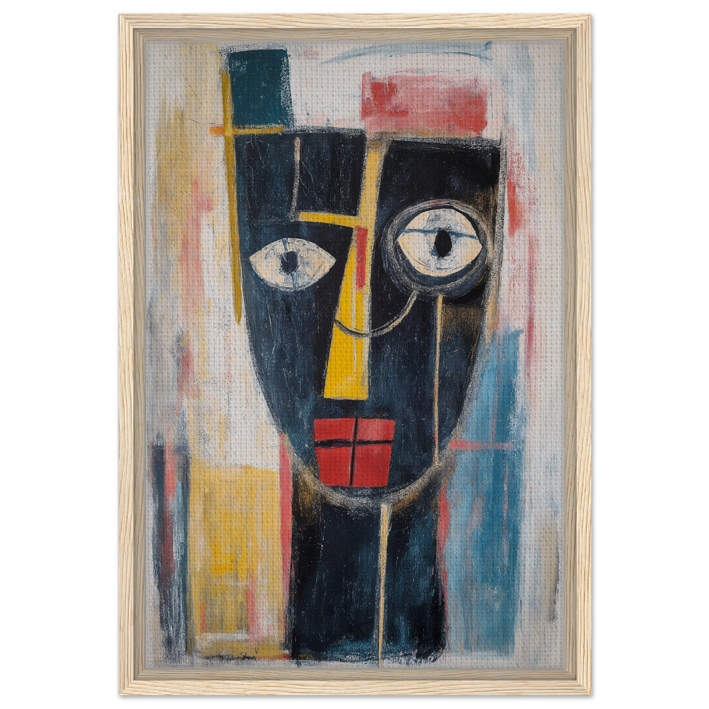 Abstract painting of a stylized face in bold colors for Mystic Fragments Symphony room decor