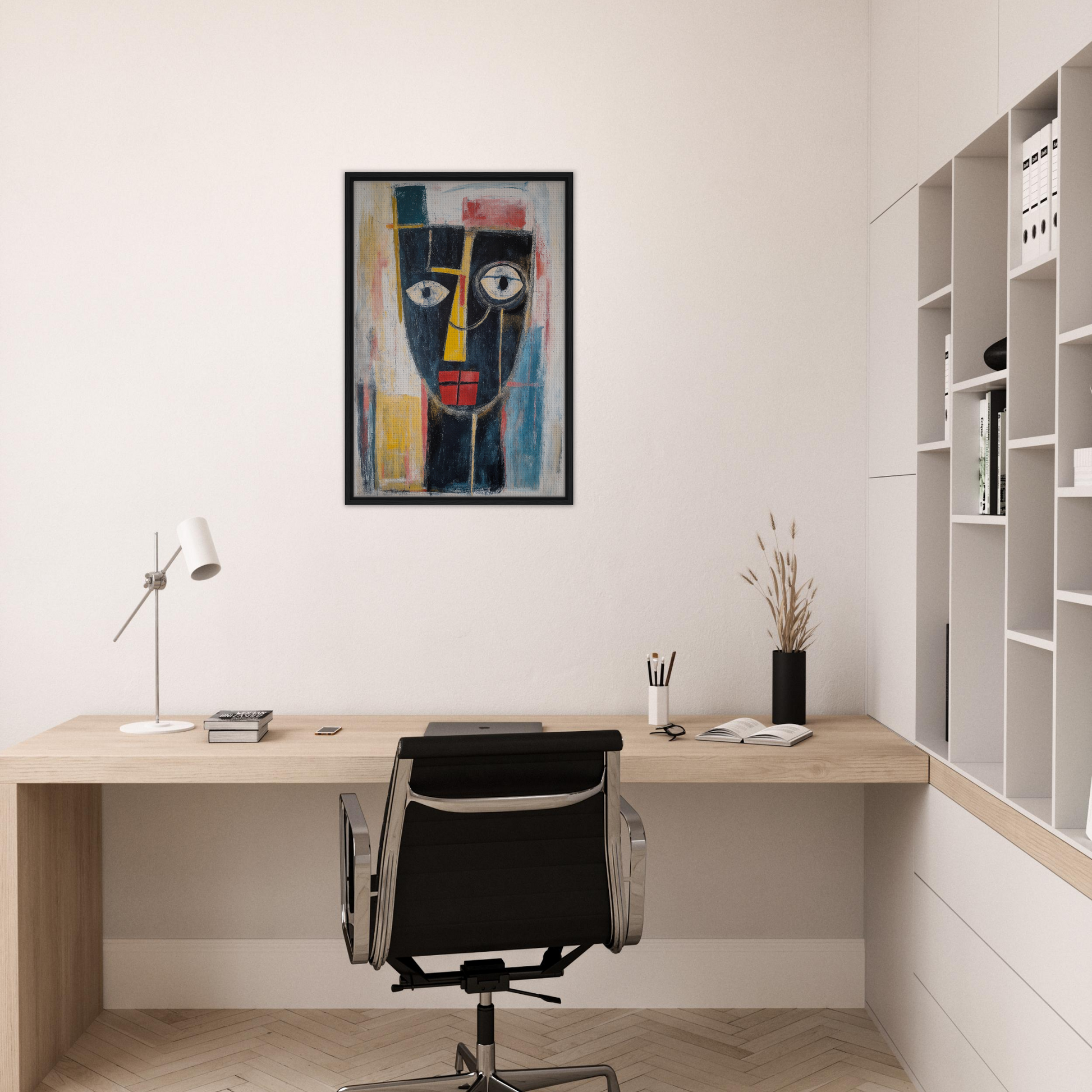 Modern home office with minimalist desk and Mystic Fragments Symphony artwork