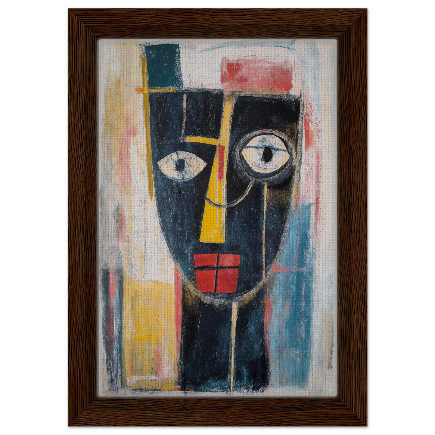 Abstract painting of a face with geometric shapes in bold colors for Mystic Fragments Symphony