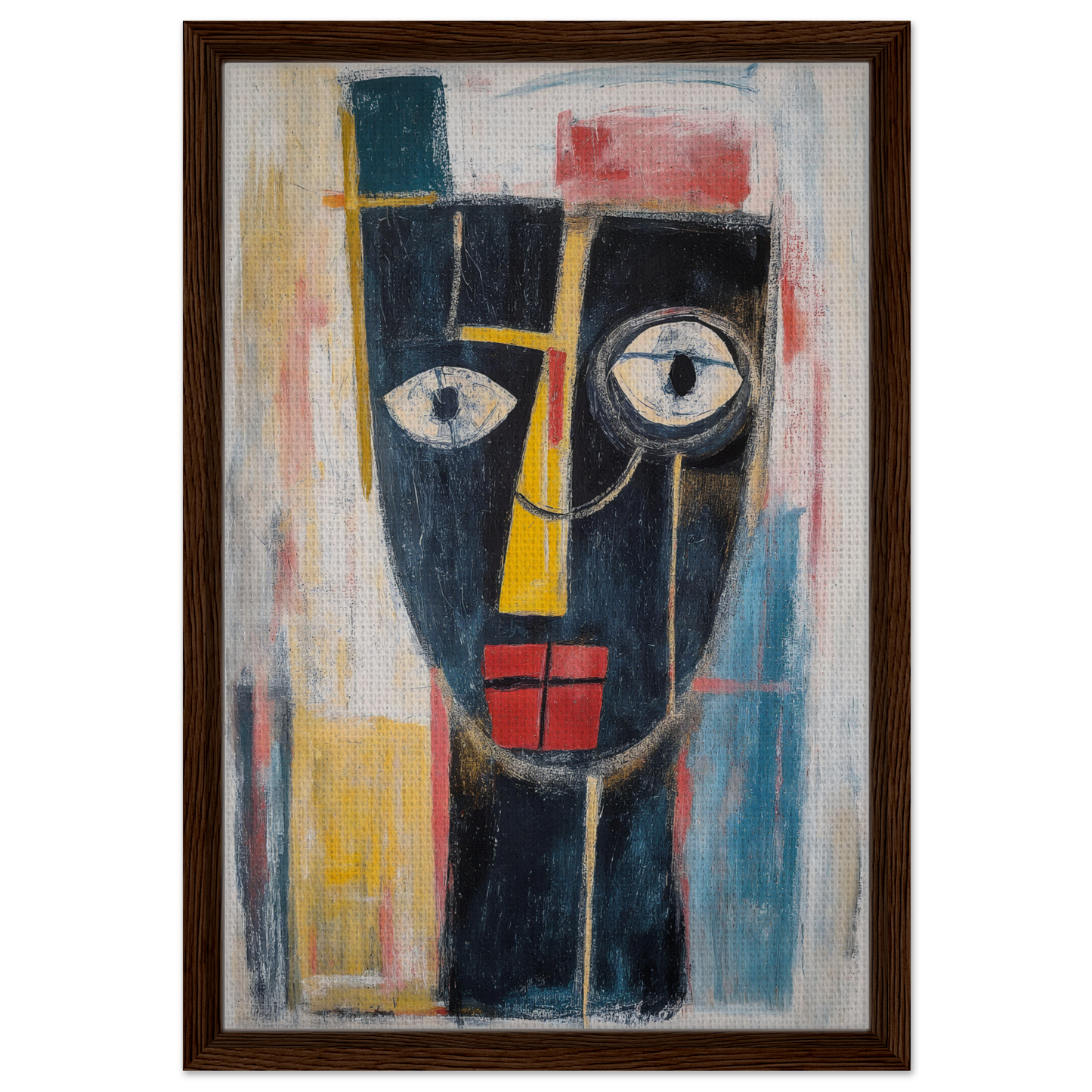 Abstract painting of a stylized face in bold colors for Mystic Fragments Symphony room decor