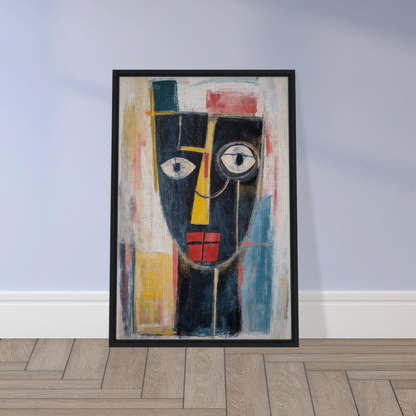 Abstract painting of a stylized face in bold colors, part of Mystic Fragments Symphony decor