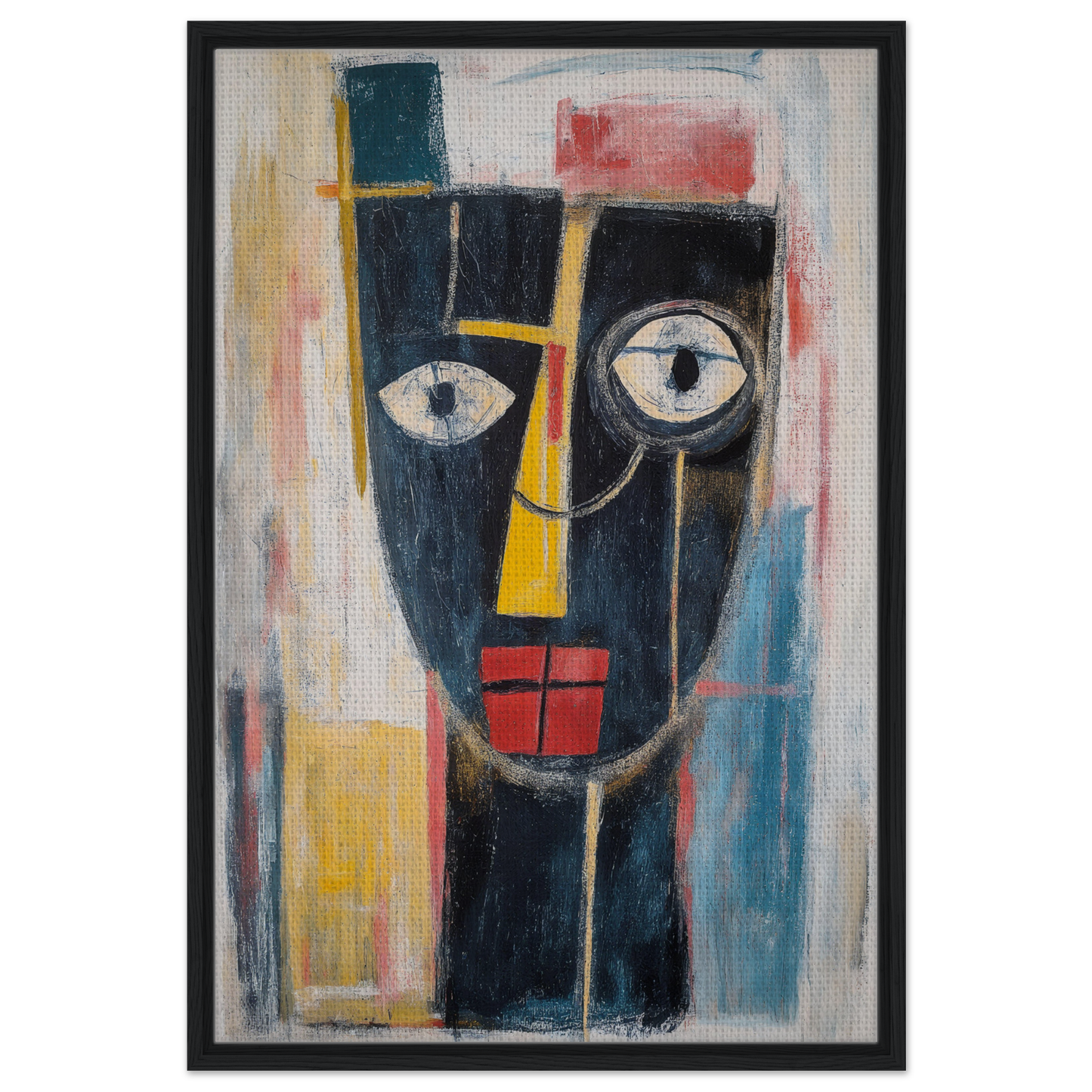 Abstract painting of a stylized face with geometric shapes for Mystic Fragments Symphony room decor