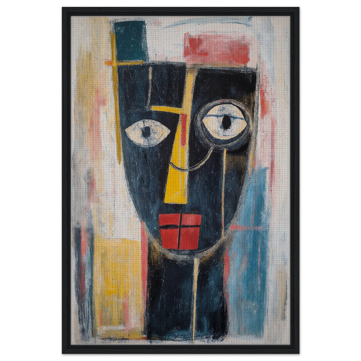 Abstract painting of a stylized face with geometric shapes for Mystic Fragments Symphony room decor